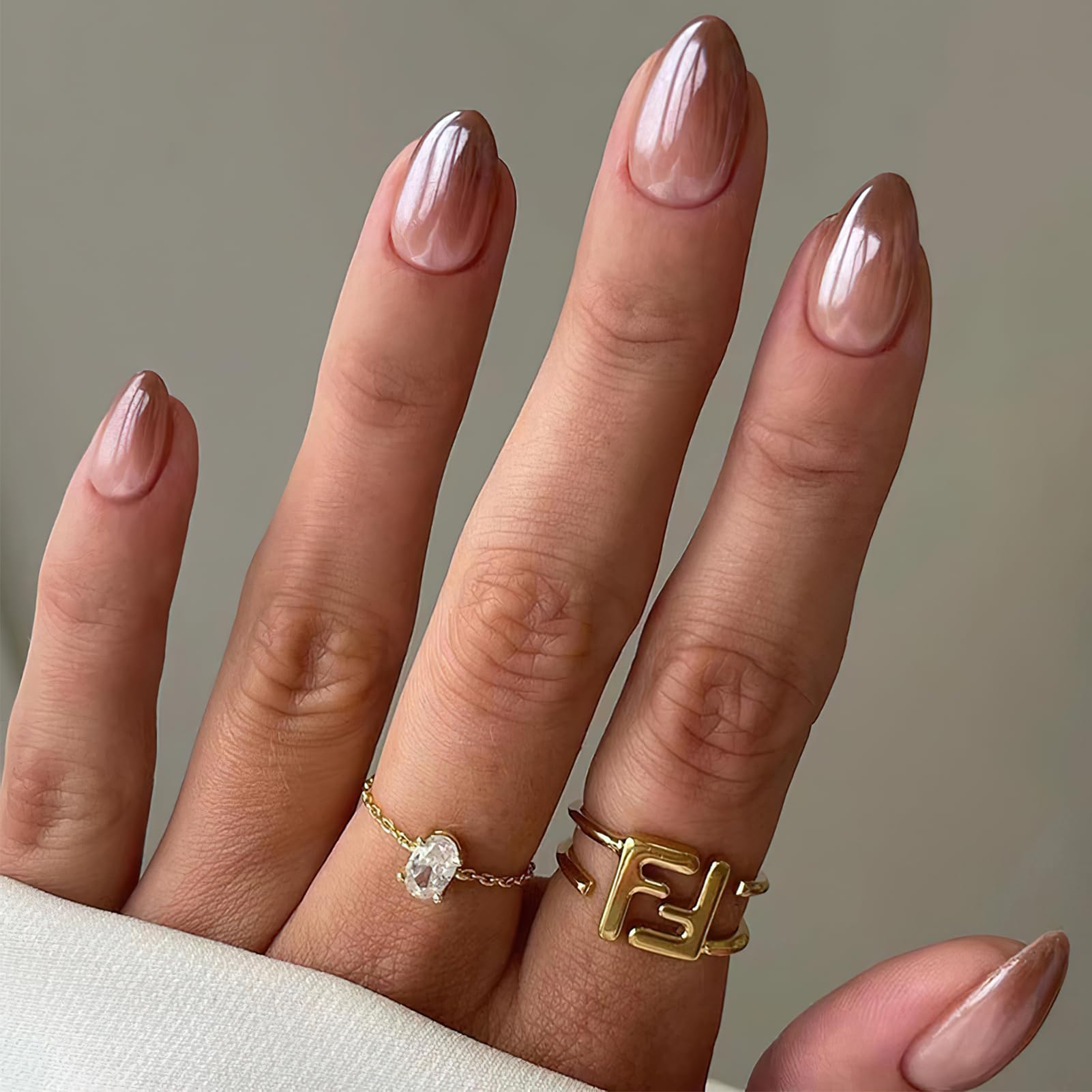 Gradient Brown Chrome Press on Nails - Medium Almond Fake Nails with Mirror Metal Design | Glossy Ombre Acrylic Glue on Nails for Women & Girls | 24Pcs Manicure Set for Parties, Weddings & Special Occasions