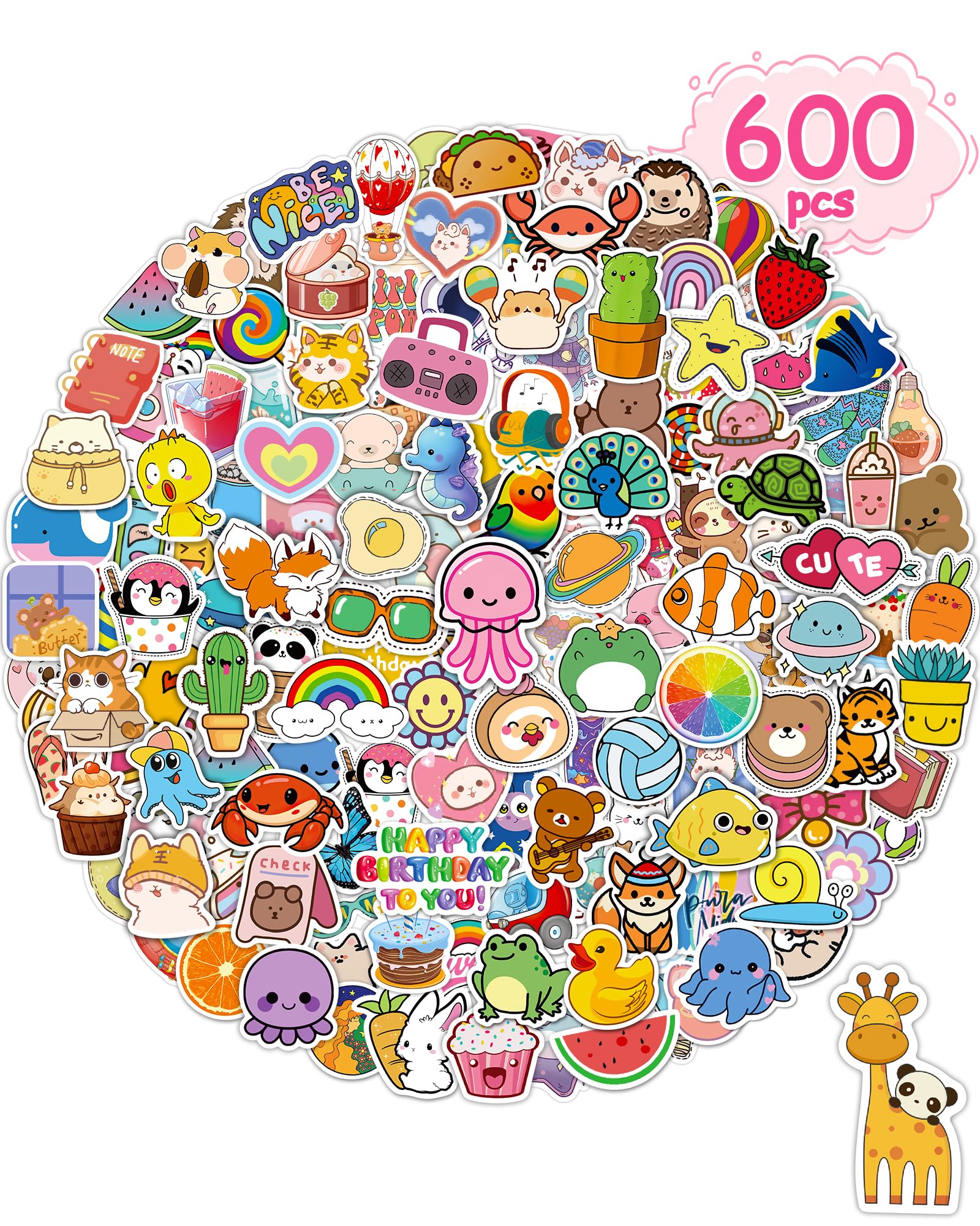 600 Pcs Cute Waterproof Vinyl Stickers for Kids - Fun Classroom Rewards, Water Bottle & Laptop Decals - Kawaii Teacher Prizes for Students & Teens - Perfect for School Supplies, DIY Projects & Gift Giving