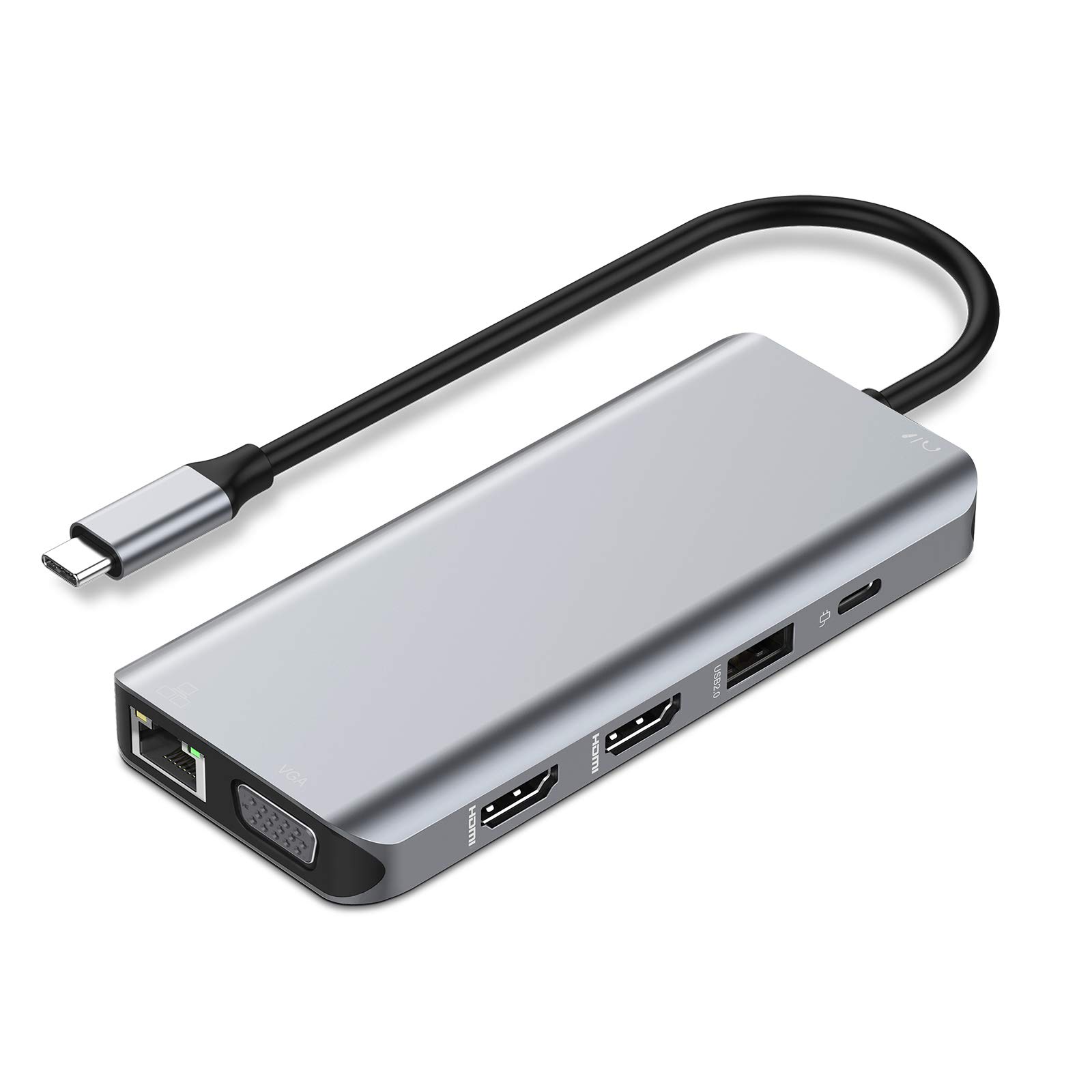 12-in-1 USB C Hub Dual HDMI Monitor Adapter for Laptop - 2 HDMI Ports, VGA, Ethernet, PD Charging, USB 3.0, 3.5mm Audio & SD/TF Card Readers - Ideal for Home Office, Remote Work & Multi-Screen Productivity