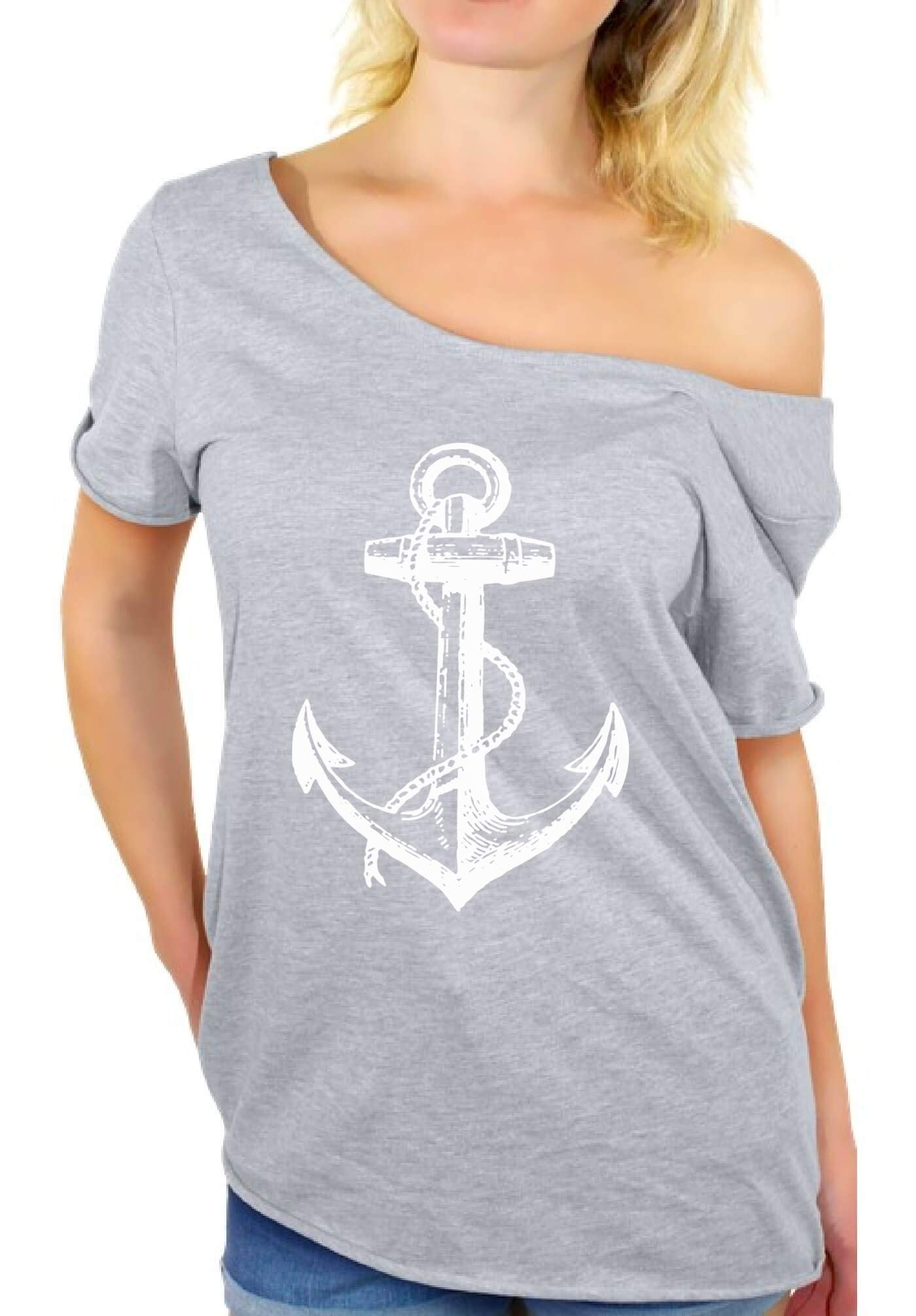 Awkwardstyles Women's White Anchor Print Off Shoulder T-Shirt & Bookmark Set - Perfect for Beach Outings, Summer Fashion and Casual Wear