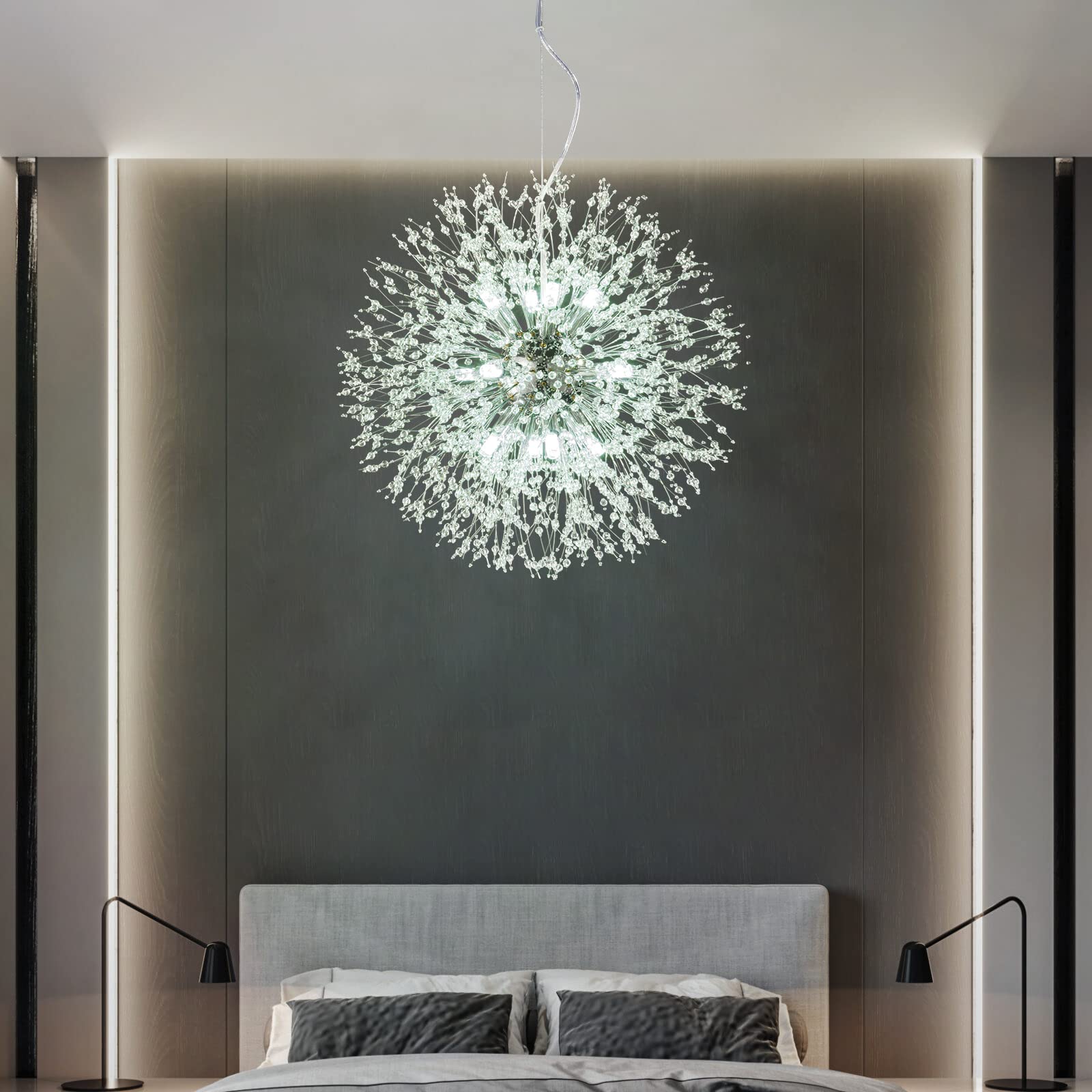 Modern Firework Dandelion Sputnik Chandelier - 12-Light Crystal Chrome Pendant Lighting Fixture for Kitchen Island, Dining Room, Bedroom & Living Room | Elegant Ceiling Decor for Home & Restaurant Lighting