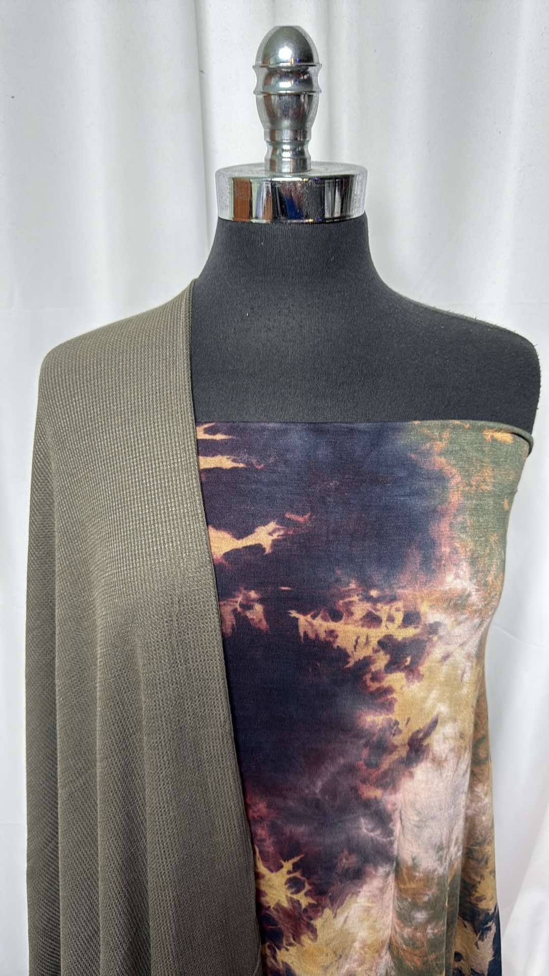 OLIVE/TIE DYE BUNDLE - 2.5 Yard Tie Dye Rayon Spandex Fabric & 2 Yard Olive Thermal Fabric (A26882) for DIY Clothing, Quilting, and Craft Projects