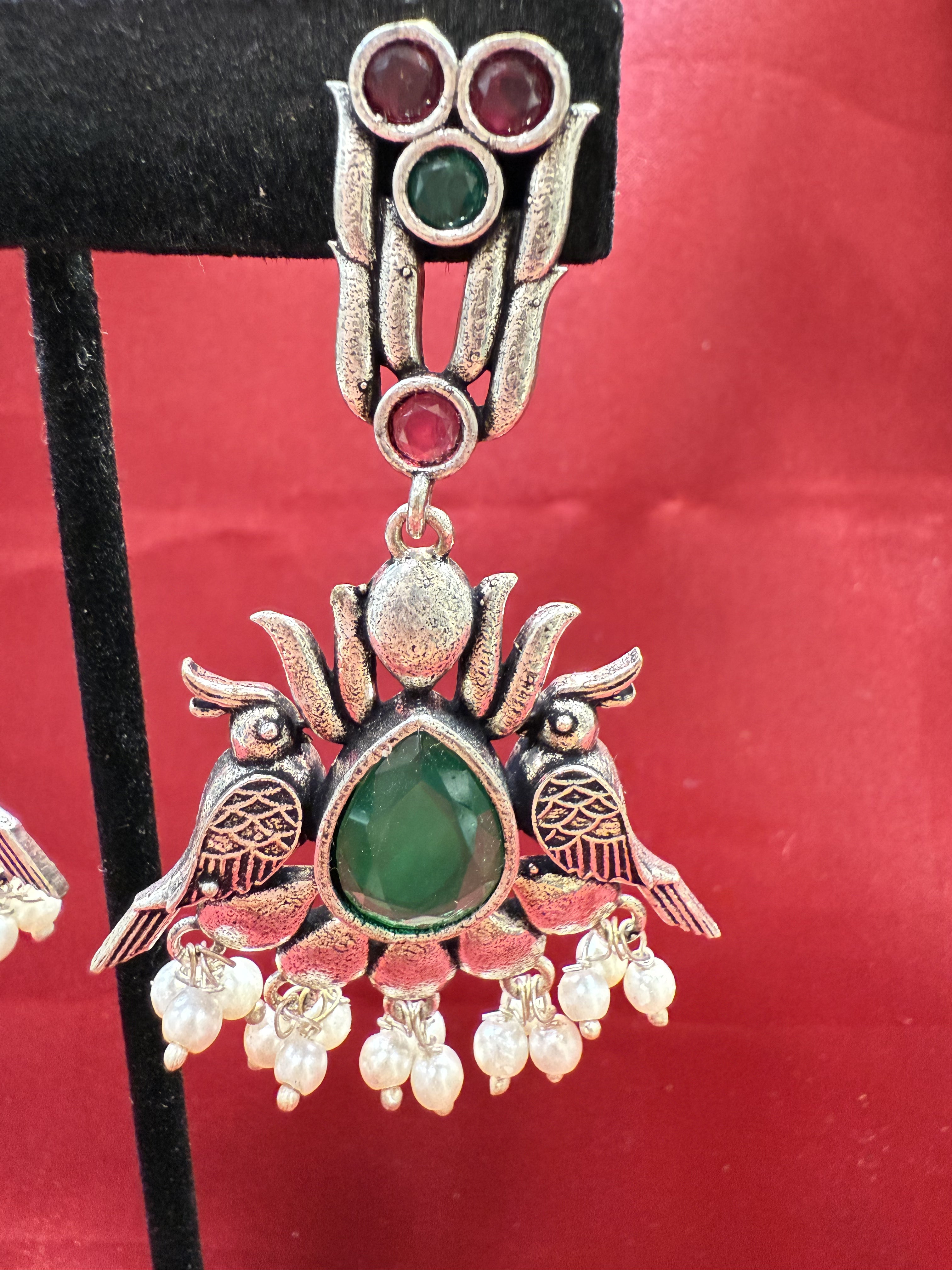 Exquisite Dark Green & Magenta Stone Beaded Bird Design Oxidized Earrings for Women | Boho Chic Jewelry Gift for Parties, Weddings & Special Occasions