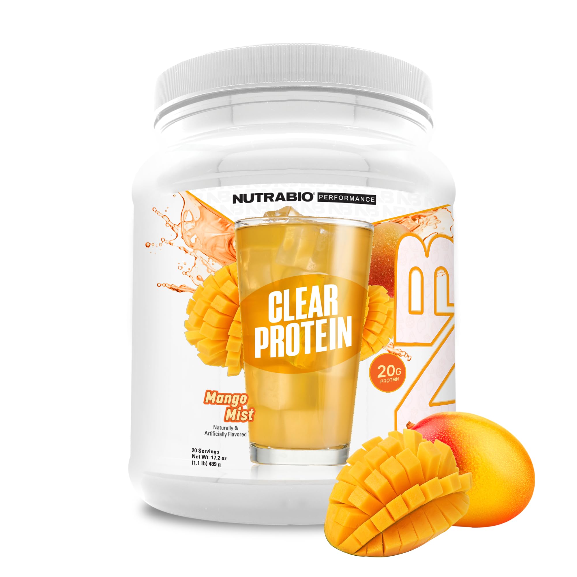 NutraBio Clear Whey Isolate Protein Powder - Refreshing Mango Mist Flavor, Zero Sugar, No Foam, No Milky Taste - 20 Servings for Post-Workout Recovery & Healthy Lifestyle
