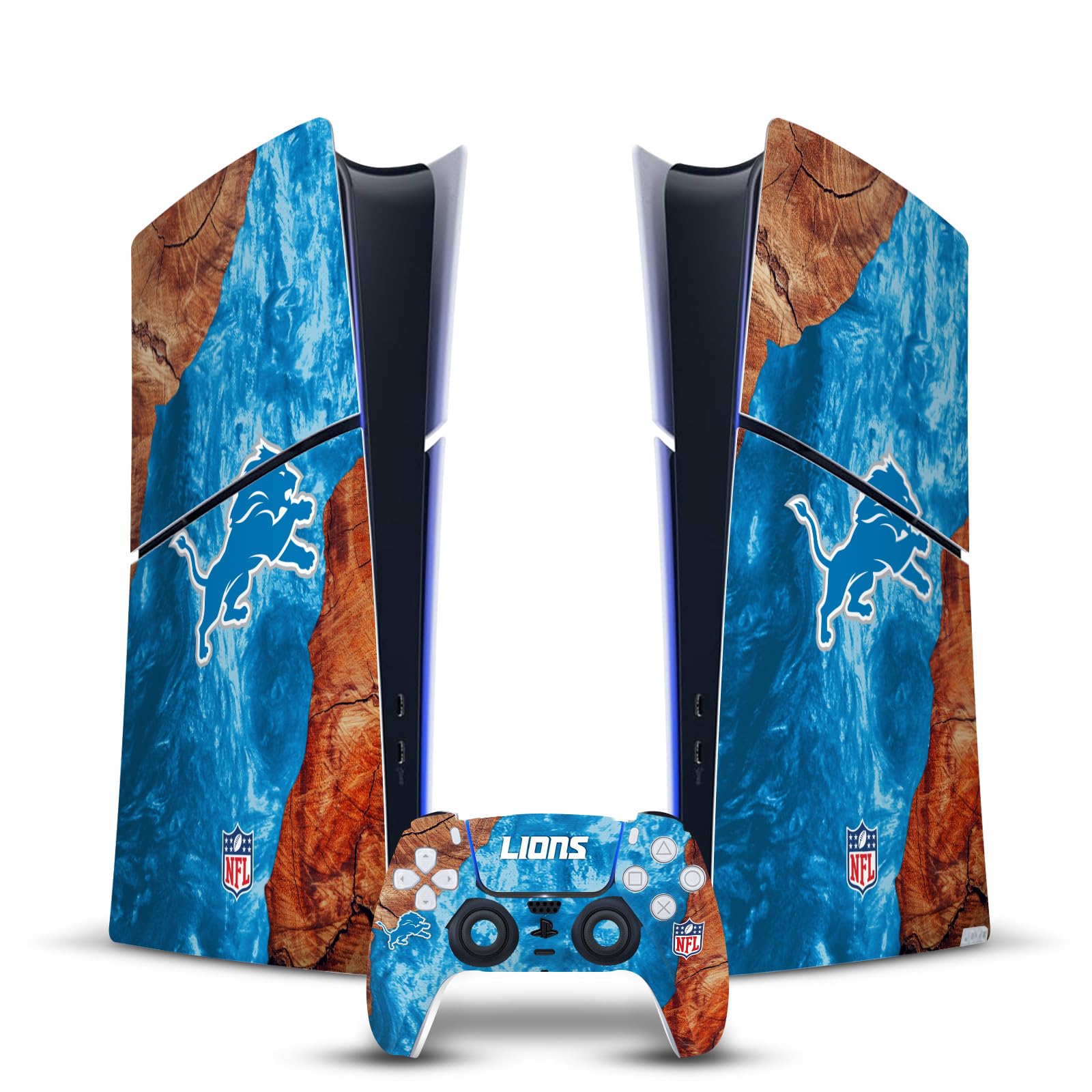 Official NFL Licensed Detroit Lions Wood & Resin Vinyl Gaming Skin Sticker for Sony PlayStation 5 PS5 Slim Digital Edition Console & DualSense Controller - Perfect for Game Room Decor and Team Spirit Display