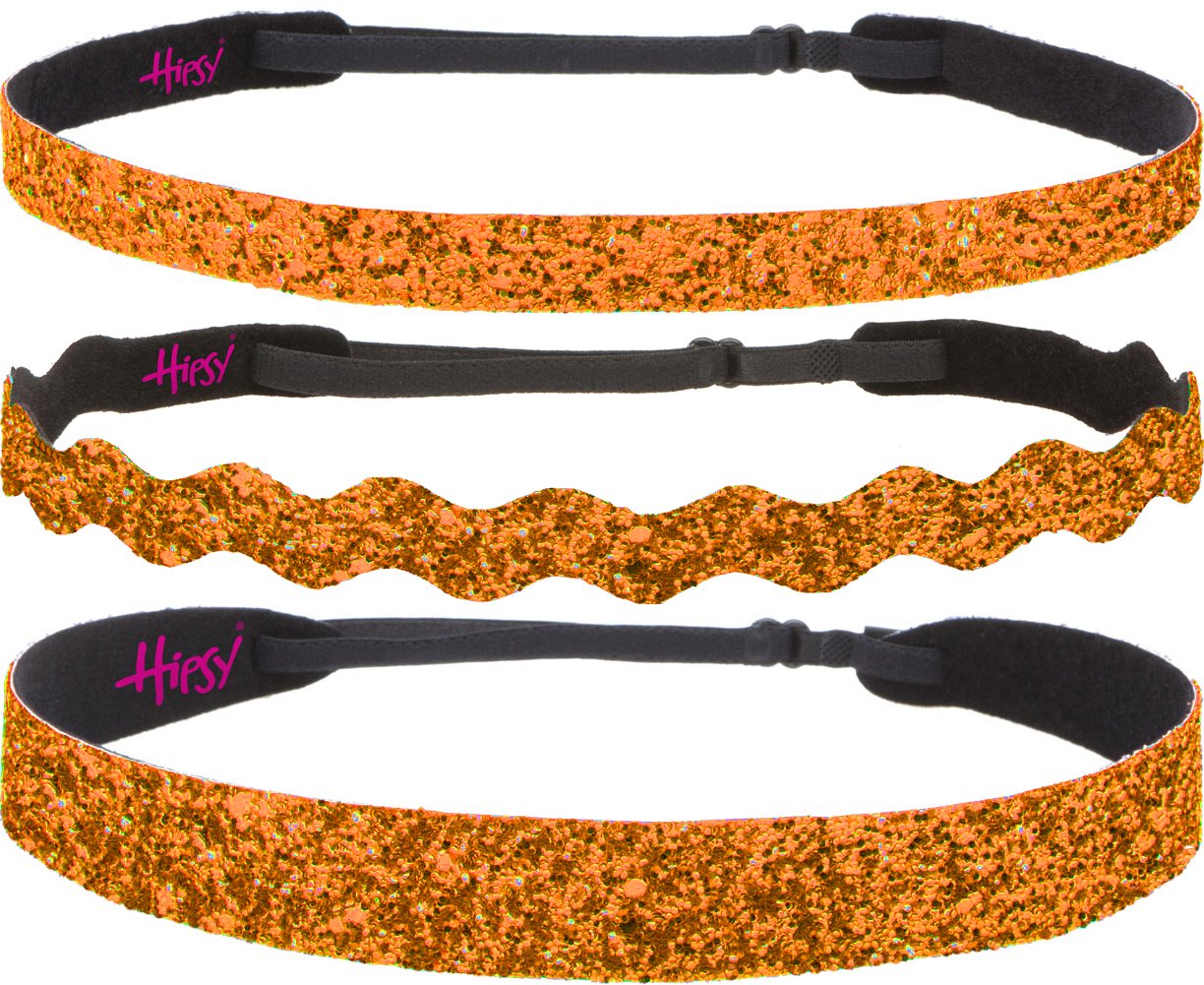 Hipsy Adjustable No-Slip Sparkly Bling Headbands 3-Pack for Women, Girls & Teens - Glitter Mixed Orange - Perfect for Sports, Workouts, School & Fashion Accessories