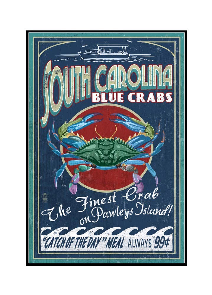 Vintage Blue Crabs Wall Art - Pawleys Island South Carolina Framed Canvas Print 24x36 - Perfect for Beach House Decor & Coastal Living Room