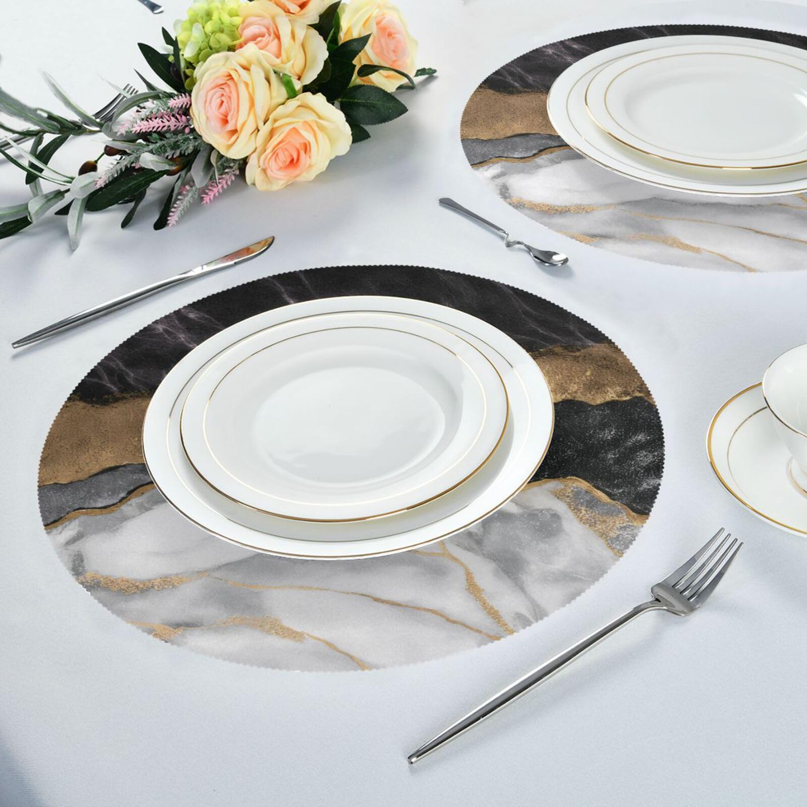 ATTX Round Placemats Set of 6 - Marble Dining Table Mats, Non-Slip Kitchen Table Placemats for Everyday Use, Dinner Parties & Home Decor