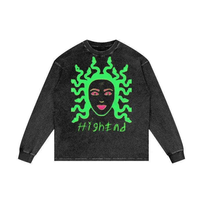 Medusa Graphic Acid Wash Oversized Long Sleeve T-Shirt | 250 GSM Heavyweight Cotton | Streetwear Fashion & Gothic Style Outfit