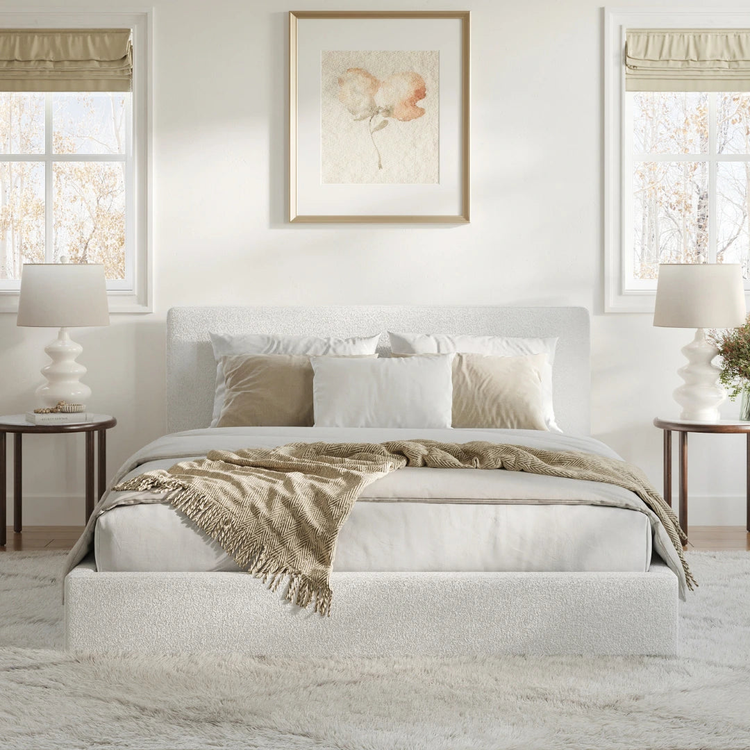 Luxury Classic Bed Set with Sturdy Bed Frame & Upholstered Headboard - Boucle Fabric for Modern Bedroom Decor | Perfect for Master Bedroom, Guest Room, or Dorm