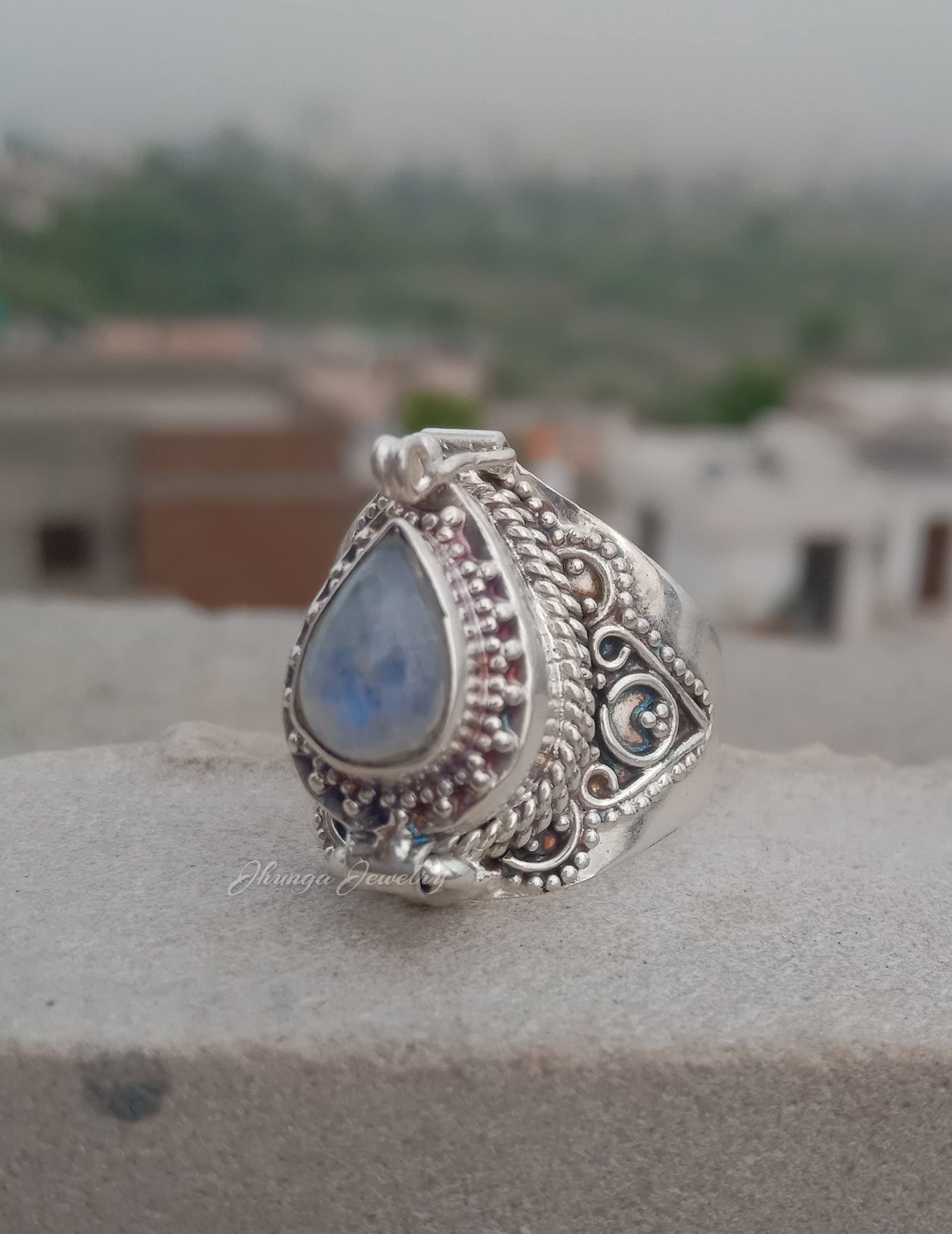 Handmade 925 Sterling Silver Rainbow Moonstone Poison Ring - Secret Box Ring with Openable Compartment for Pills, Medicine & Keepsakes | Perfect for Gothic Fashion, Cosplay & Unique Jewelry Gifts