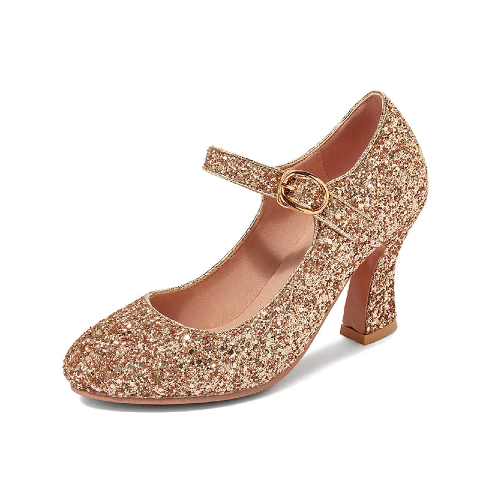 Elegant Women's Mary Jane High Heel Pumps - Glitter Strap Buckle Closed Toe Wedding Shoes for Bride, Party & Special Occasions