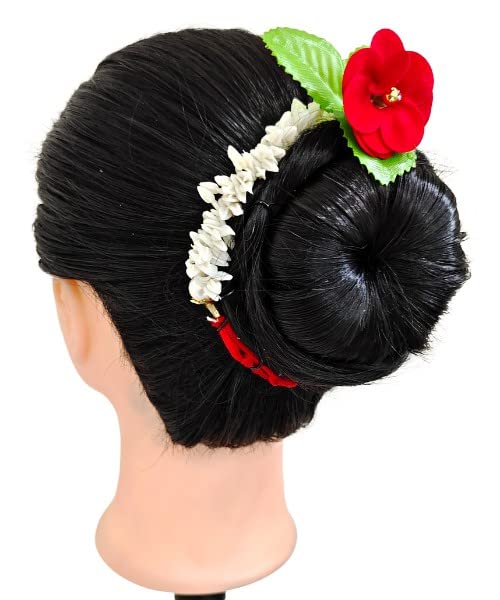 Neaama Hair and Beyond White Mogra Buds with Red Flower Green Leaves Hair Clips for Women & Girls - Pack of 1 | Perfect for Weddings, Parties & Daily Hair Styling