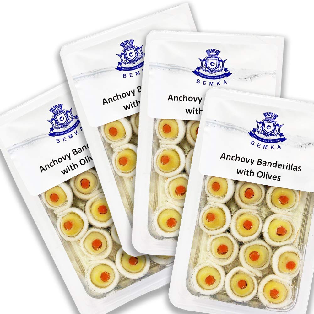Premium Anchovies with Green Olives - 4 Pack (7 oz Each) | Gourmet Canned Seafood for Salads, Pasta & Tapas | High-Quality Pantry Staple
