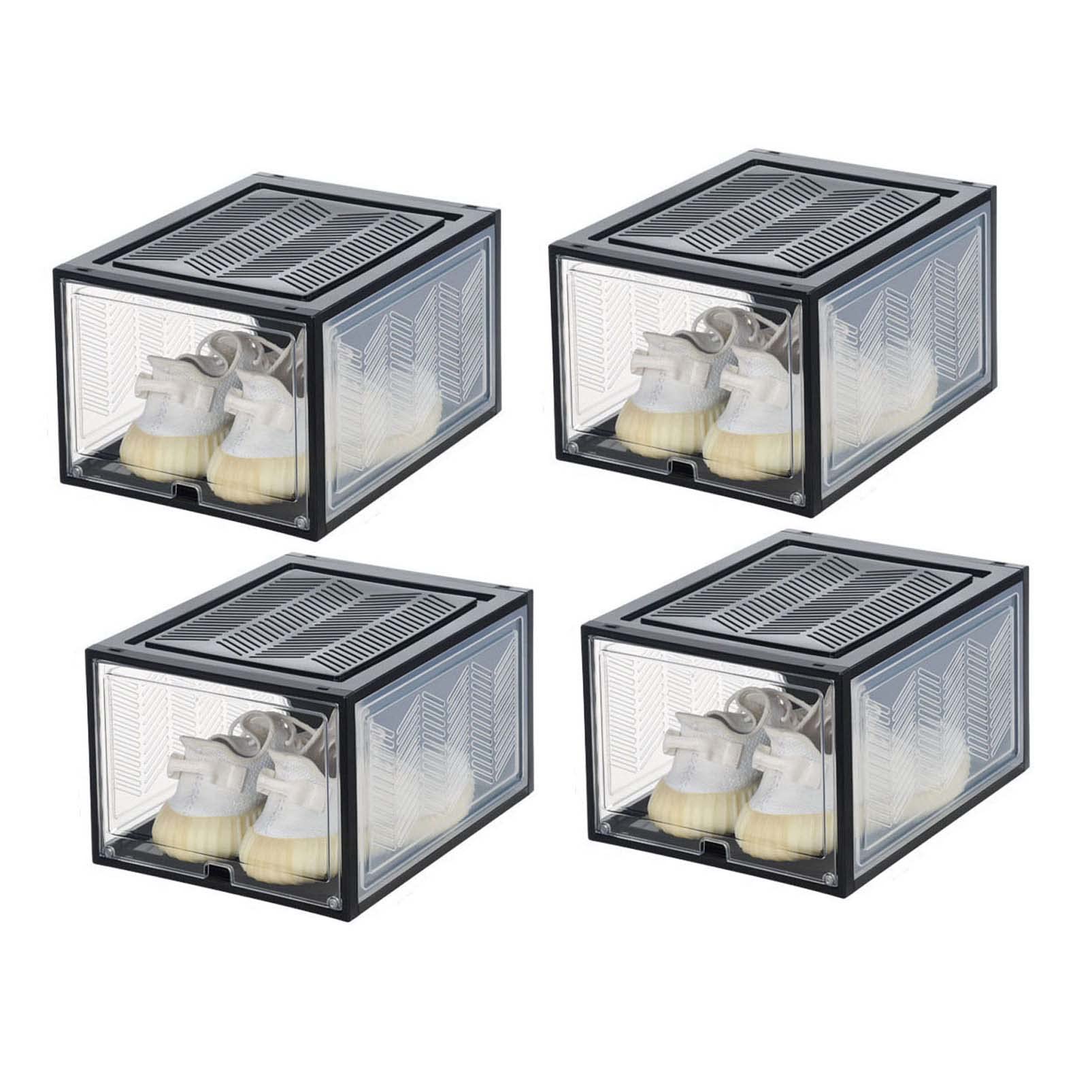 Clear Stackable Shoe Storage Box Organizer - 4 Pack Black Sneaker Cases for Women & Men (Fits Up to US Size 14) | Perfect for Closet Organization, Shoe Display & Travel Storage