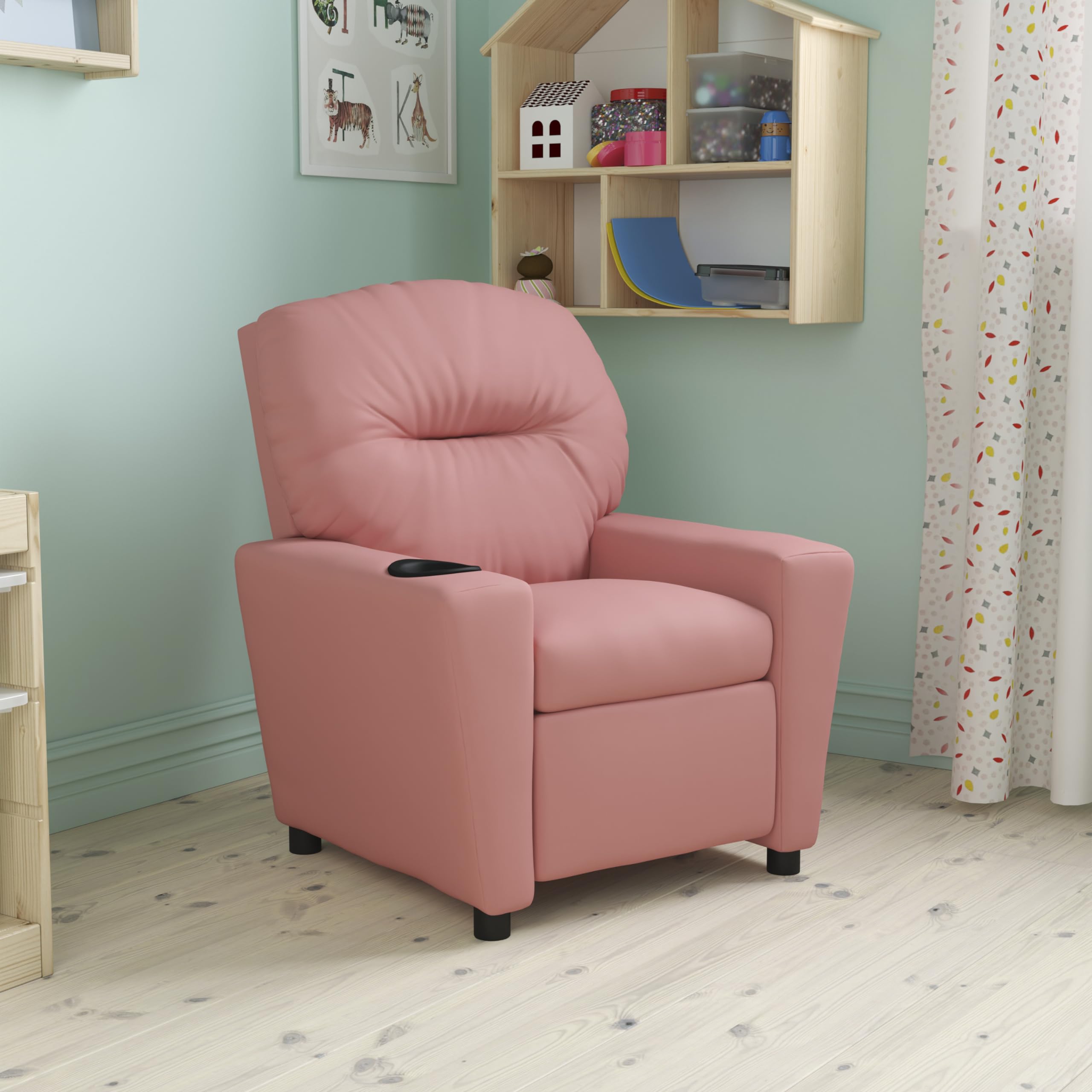 EMMA + OLIVER Pink Vinyl Kids Recliner Chair with Cup Holder - Comfortable Toddler Lounge Chair for Playroom, Bedroom & Movie Nights - Perfect Gift for Girls & Boys