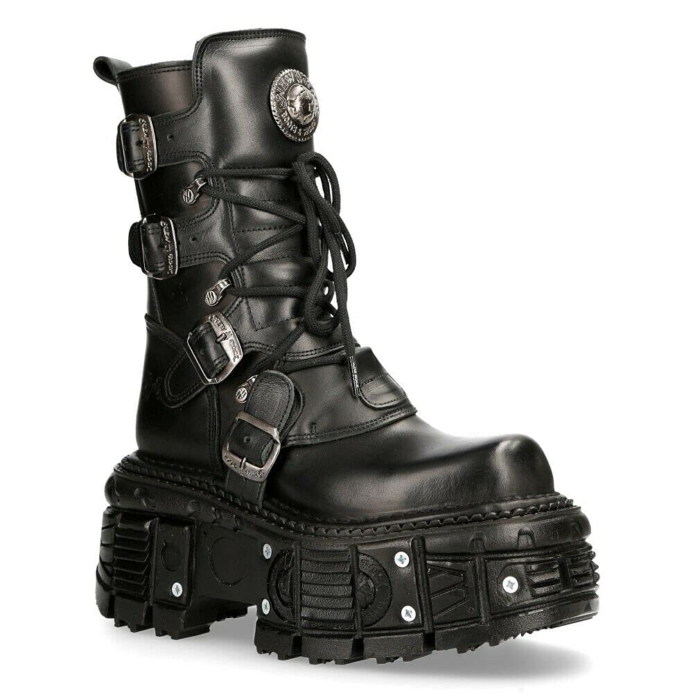 NEW ROCK TANK373-S1 Black Leather Unisex Combat Boots - Platform Biker Goth Shoes for Men & Women | Perfect for Motorcycle Riding, Punk Fashion & Alternative Style