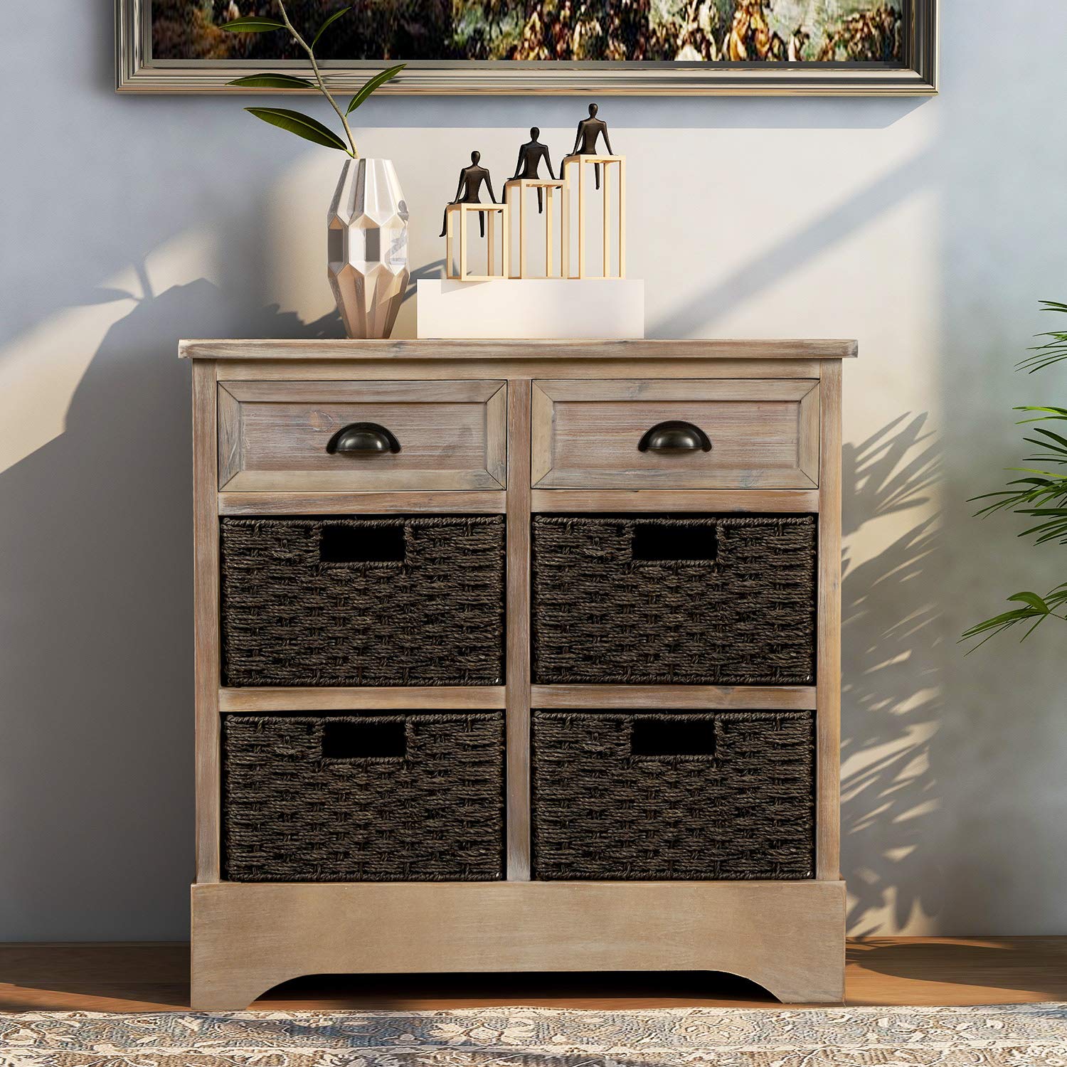 White Washed Wood Storage Chest with 2 Drawers & 4 Baskets, Entryway Cabinet & Side Table for Living Room, Dining Room, Bedroom, or Hallway Organization