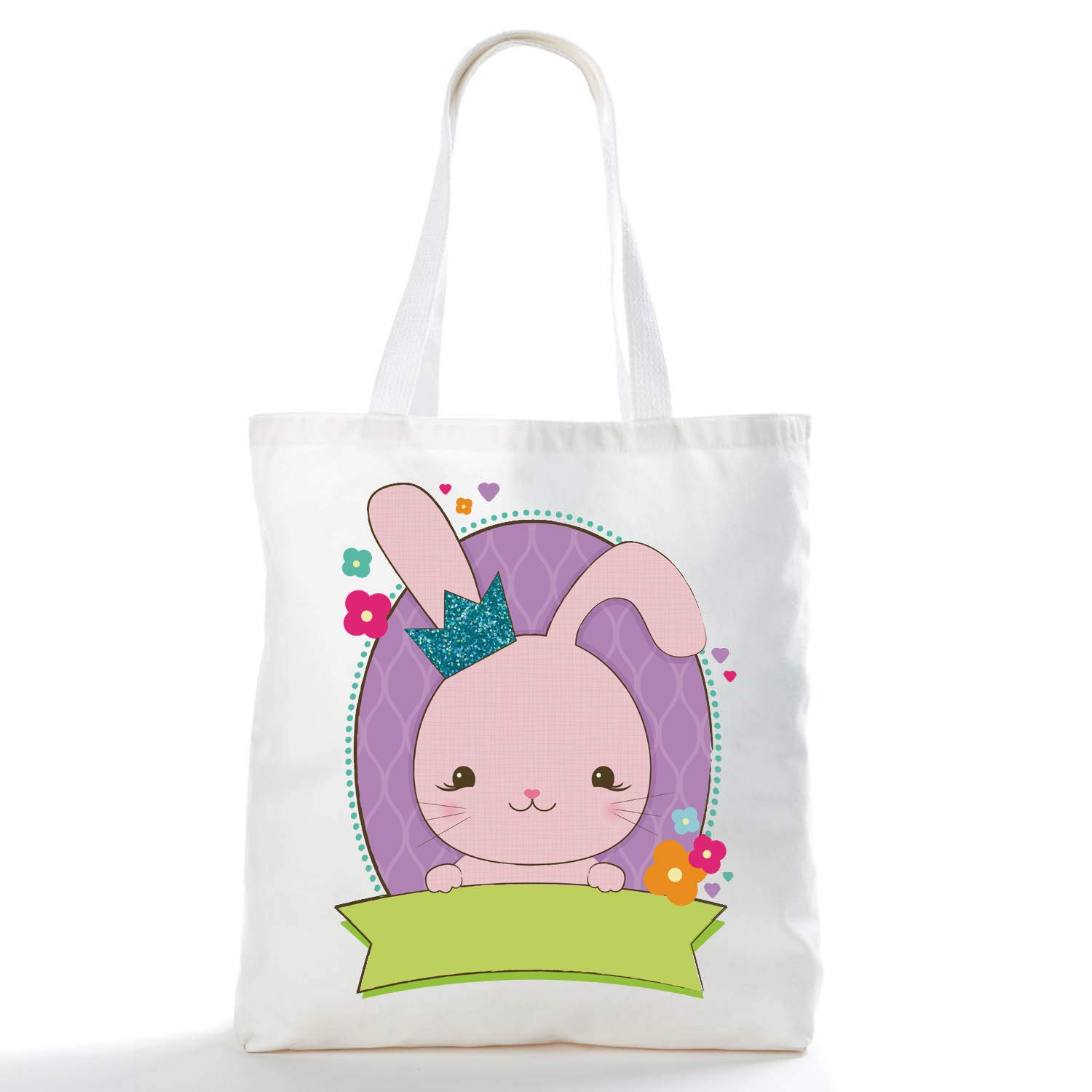 Personalized Pink Bunny with Sparkle Crown Canvas Tote Bag - Custom Name Printed in Hot Pink & Floral Design - 15.5x18 Inches - Perfect for Books, Toys, Candy Storage & Girls' Gift Ideas