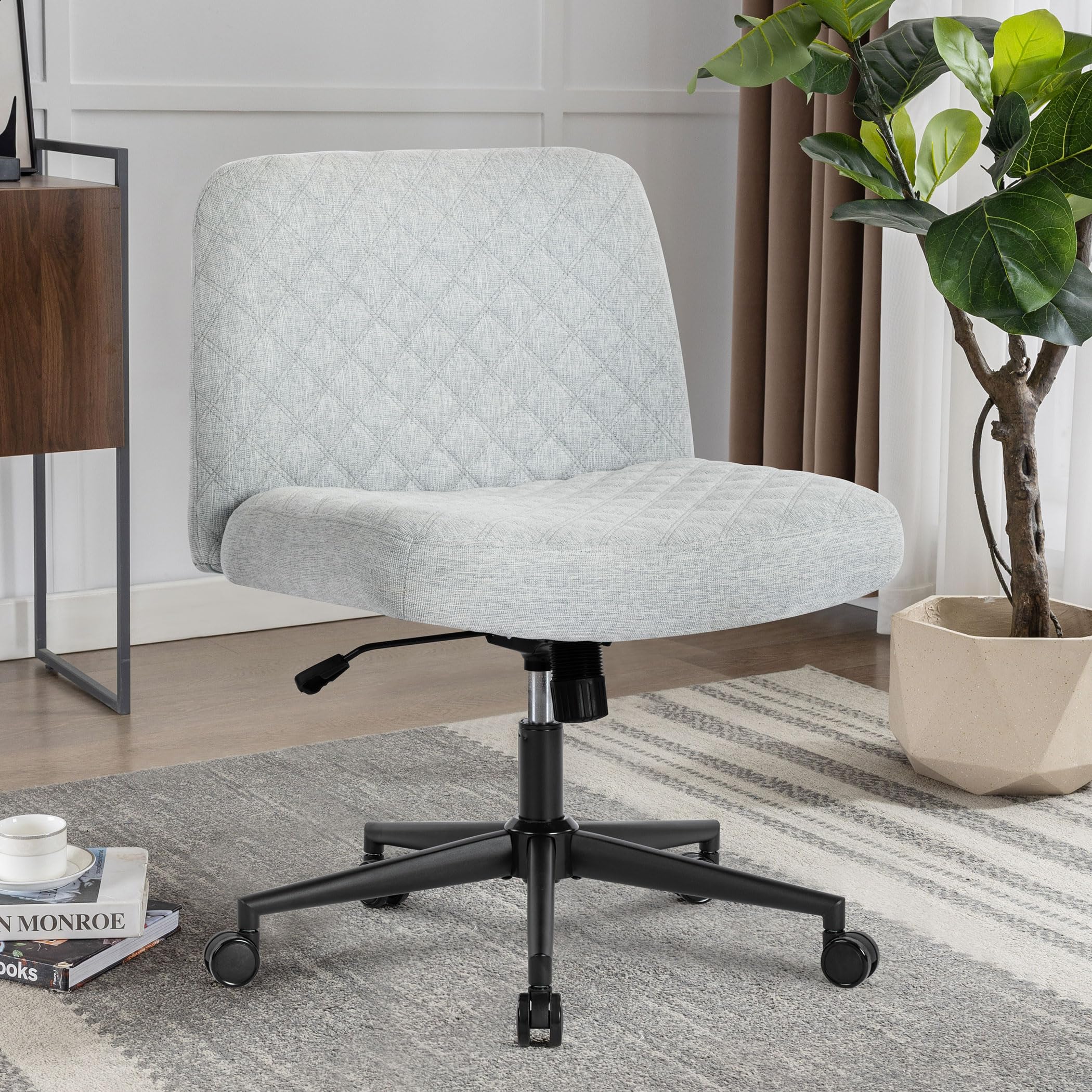 Ergonomic Armless Fabric Office Chair with Wheels - 120° Rocking Swivel Computer Desk Chair, Thick Padded Seat Modern Task Chair for Home Office, Study & Vanity Use