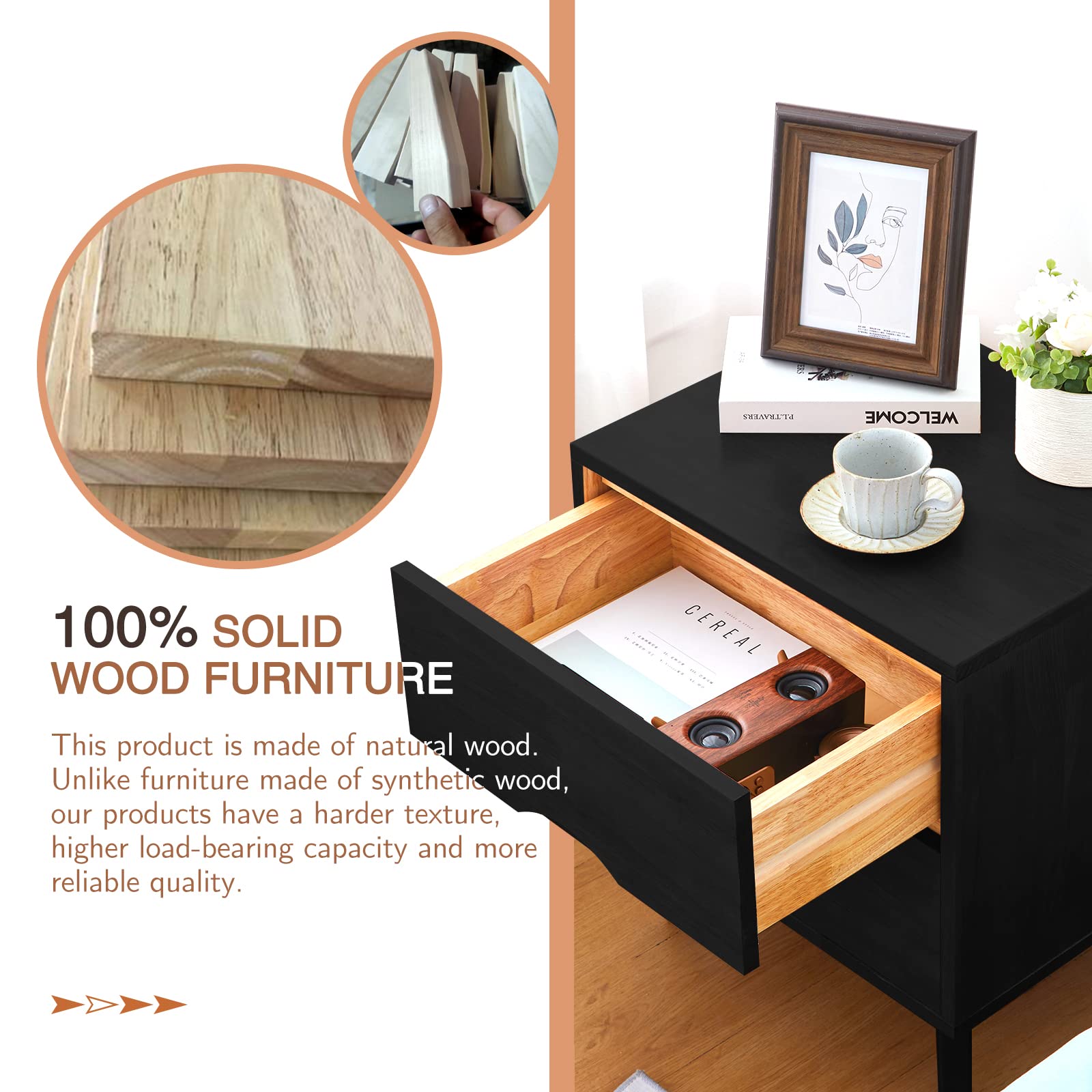 Mid Century Modern Nightstand with Grooved Handle, 2 Drawers & Shelf - Black Wood Bedside Table for Bedroom Storage | Perfect for Small Spaces, Guest Rooms & Apartment Living