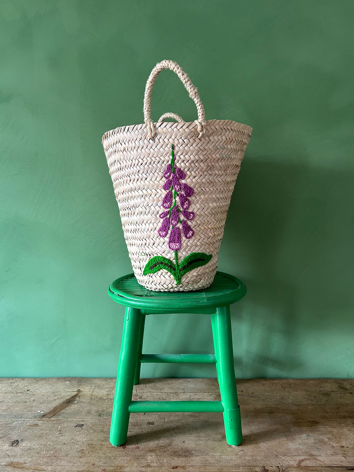 Hand Embroidered Foxglove Bucket Basket - Boho Home Decor Storage for Blankets, Toys & Magazines | Perfect for Living Room, Nursery & Bedroom Organization