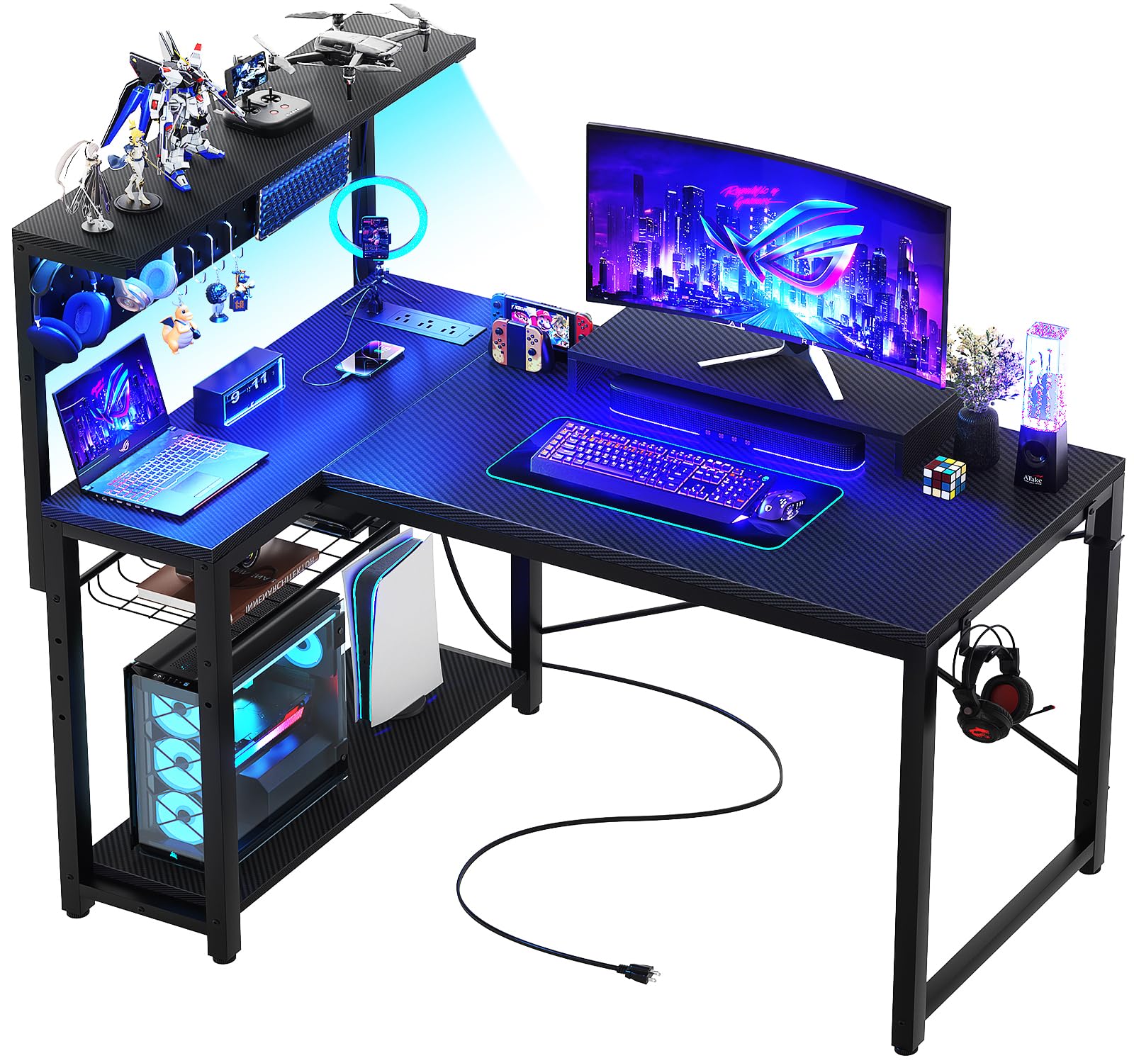 Homieasy 43 Inch L-Shaped Gaming Desk with Power Outlets, LED Light & Pegboard - Carbon Fiber Black Computer Corner Desk with Monitor Stand, Storage Shelves & Headset Hooks - Perfect for Small Spaces, Home Office & Gaming Setup