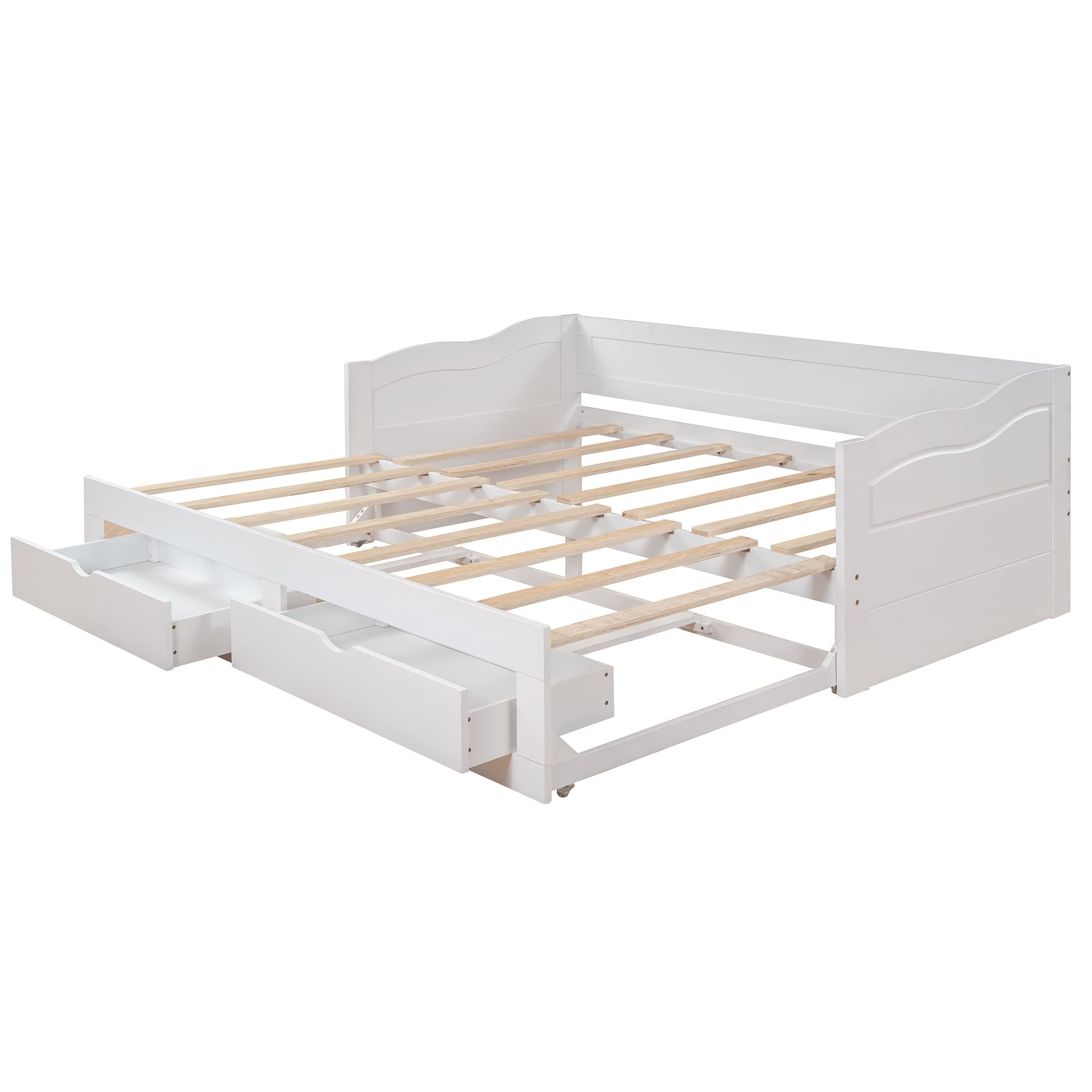 Wooden Daybed with Trundle Bed & 2 Storage Drawers - Twin to King Convertible Sofa Bed (77.2