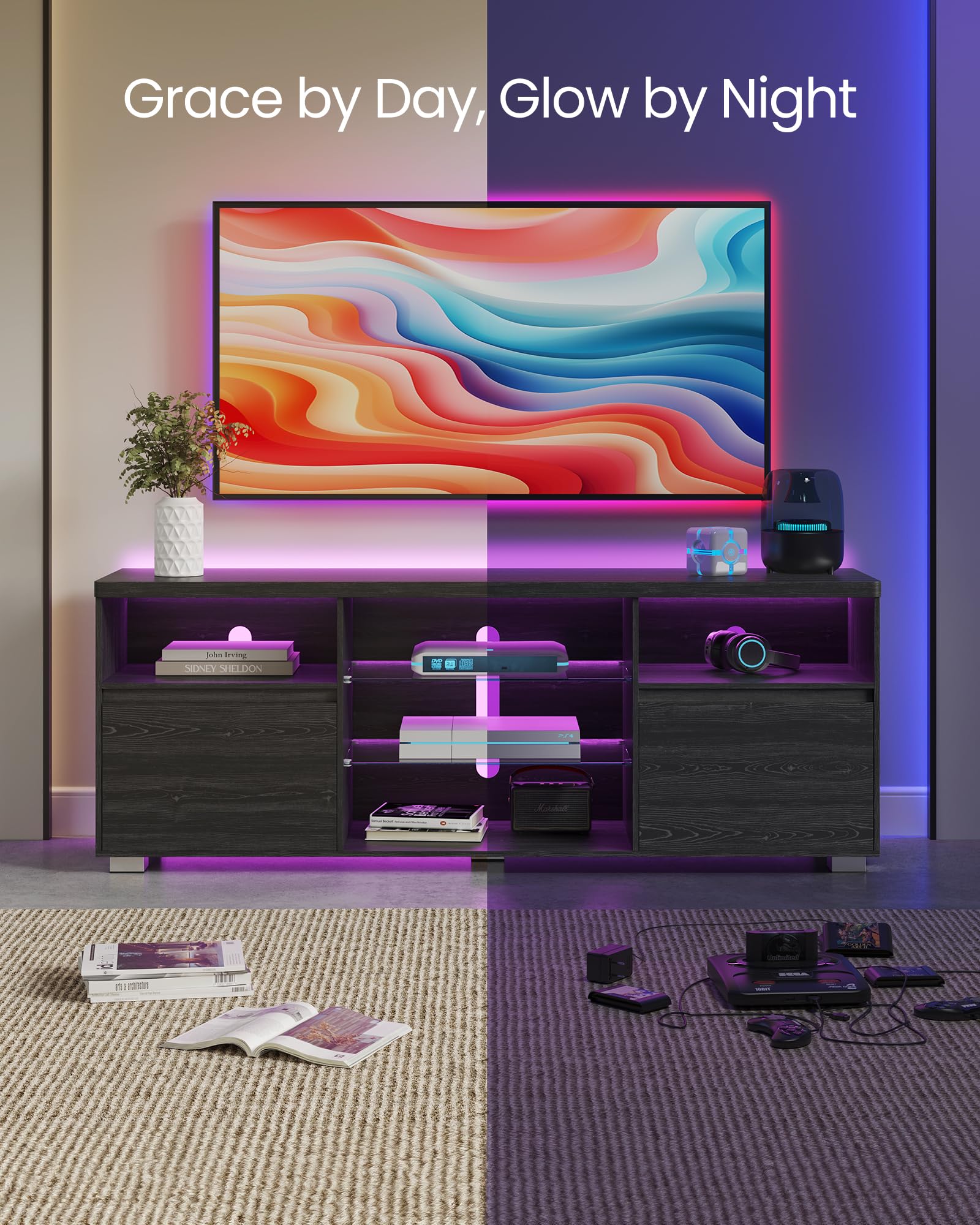 VASAGLE 63-Inch TV Stand with LED Lights for 70 Inch TVs, Modern Entertainment Center with Open Glass Shelves & 2 Storage Cabinets - Black ULTV330T21 | Perfect for Living Room, Bedroom & Home Theater Setup
