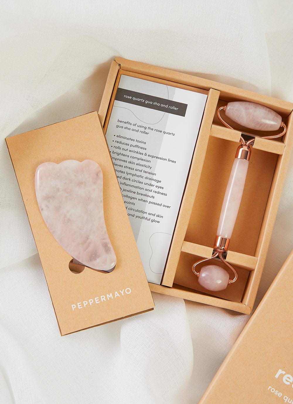 Rose Quartz Gua Sha & Roller Set for Face - Natural Jade Stone Facial Massage Tools for Skin Care, Lymphatic Drainage & Anti-Aging - Perfect for Home Spa & Self-Care Routine