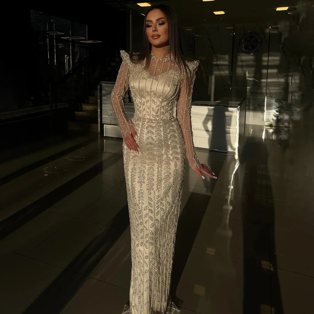 Elegant Dubai Pink Mermaid Evening Gown with Pearl Beading - Arabic Formal Dress for Women - Perfect for Weddings, Galas & Special Occasions - LA72826