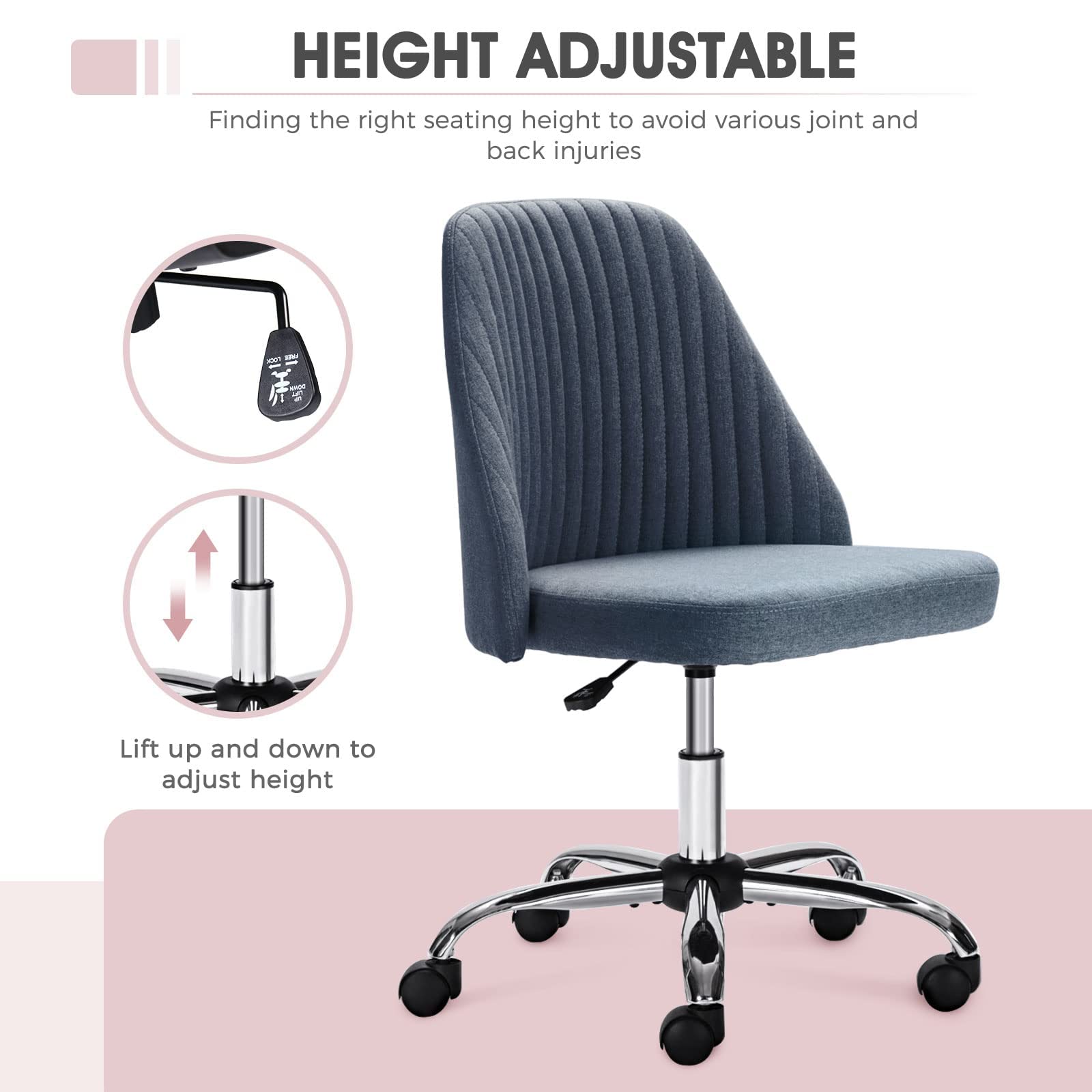 Ergonomic Home Office Desk Chair - Adjustable Rolling Task Chair with Lumbar Support, Armless Modern Design for Small Spaces, Bedroom, Makeup Vanity & Workspace - Comfortable Seating for Remote Work & Study