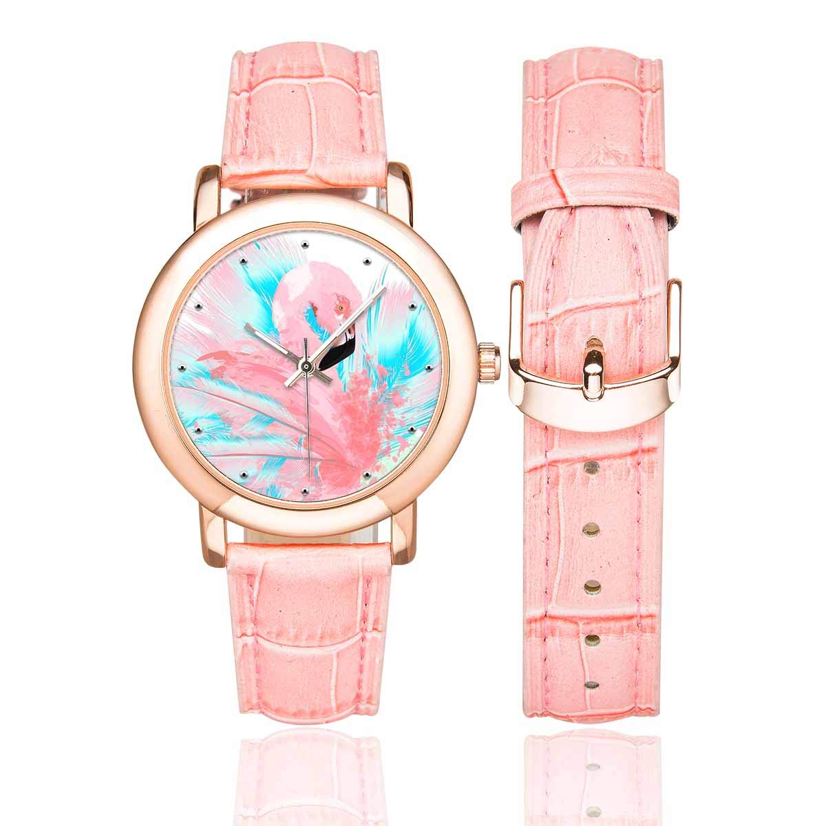 Funny Flamingo Bird Women's Rose Gold Watch with Pink Leather Strap - Stylish Floral Design Wristwatch for Women, Perfect for Casual Wear, Summer Outfits and Gift Giving