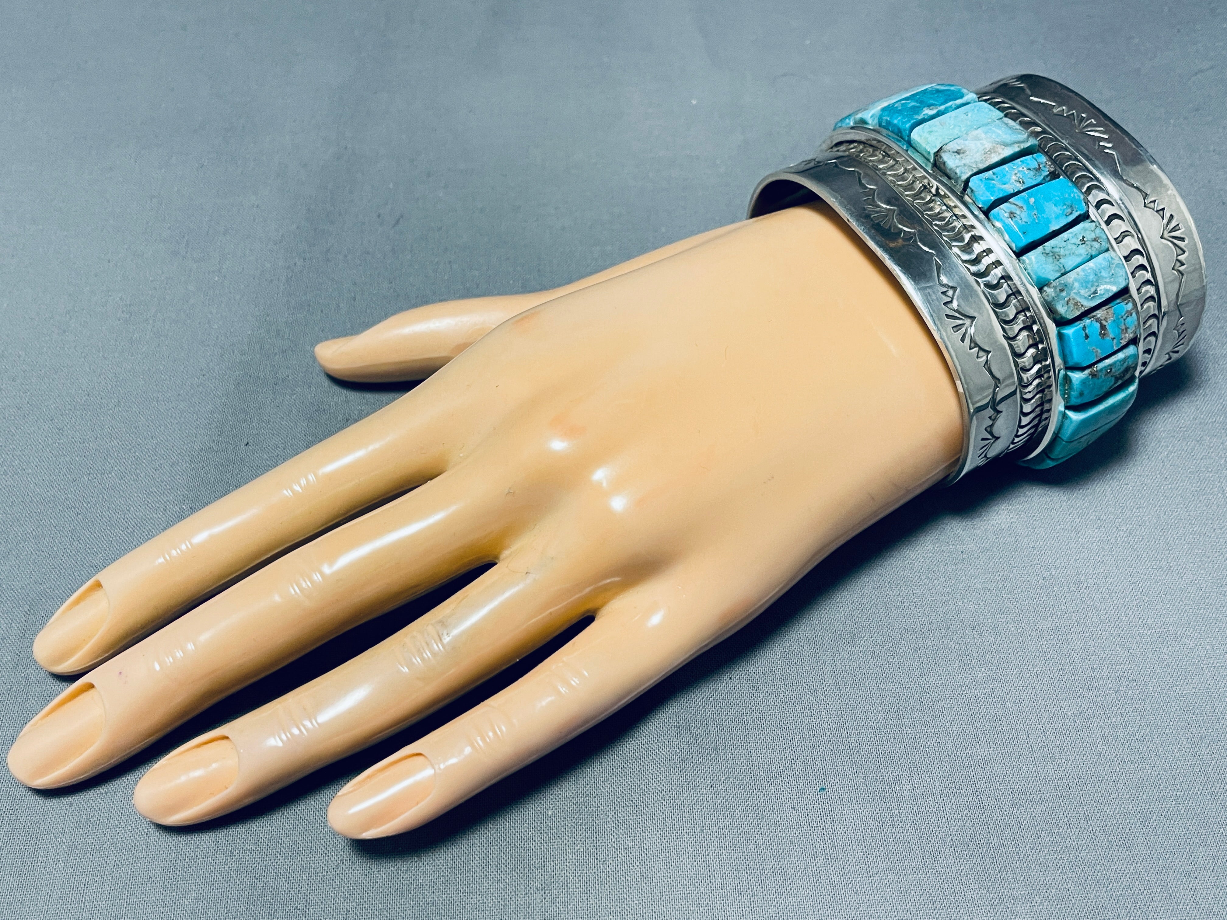 176 Grams 6.5 Inch Wrist Native American Navajo Turquoise Inlay Sterling Silver Bracelet - Handmade Jewelry for Women, Boho Chic Accessories, Perfect for Weddings & Special Occasions