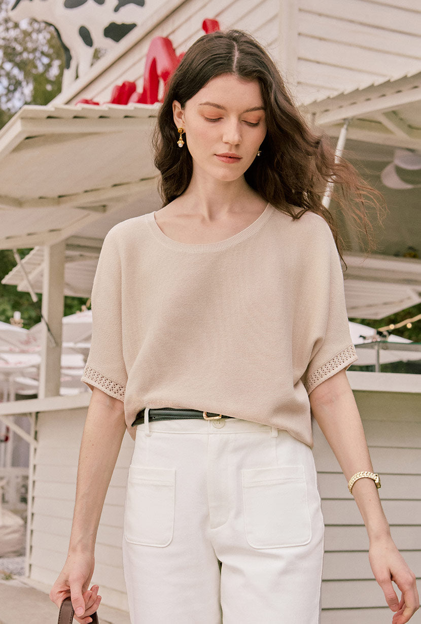 Franco Cotton Knit Top Women's Casual Short Sleeve T-Shirt Beige - Perfect for Everyday Wear, Summer Outfits & Layering