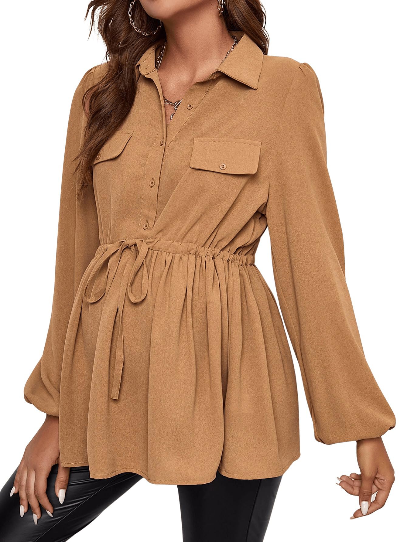 Floerns Women's Maternity Tunic Top - Long Sleeve Peplum Blouse with Drawstring Waist for Pregnancy Comfort | Perfect for Office Wear, Baby Showers & Maternity Photos