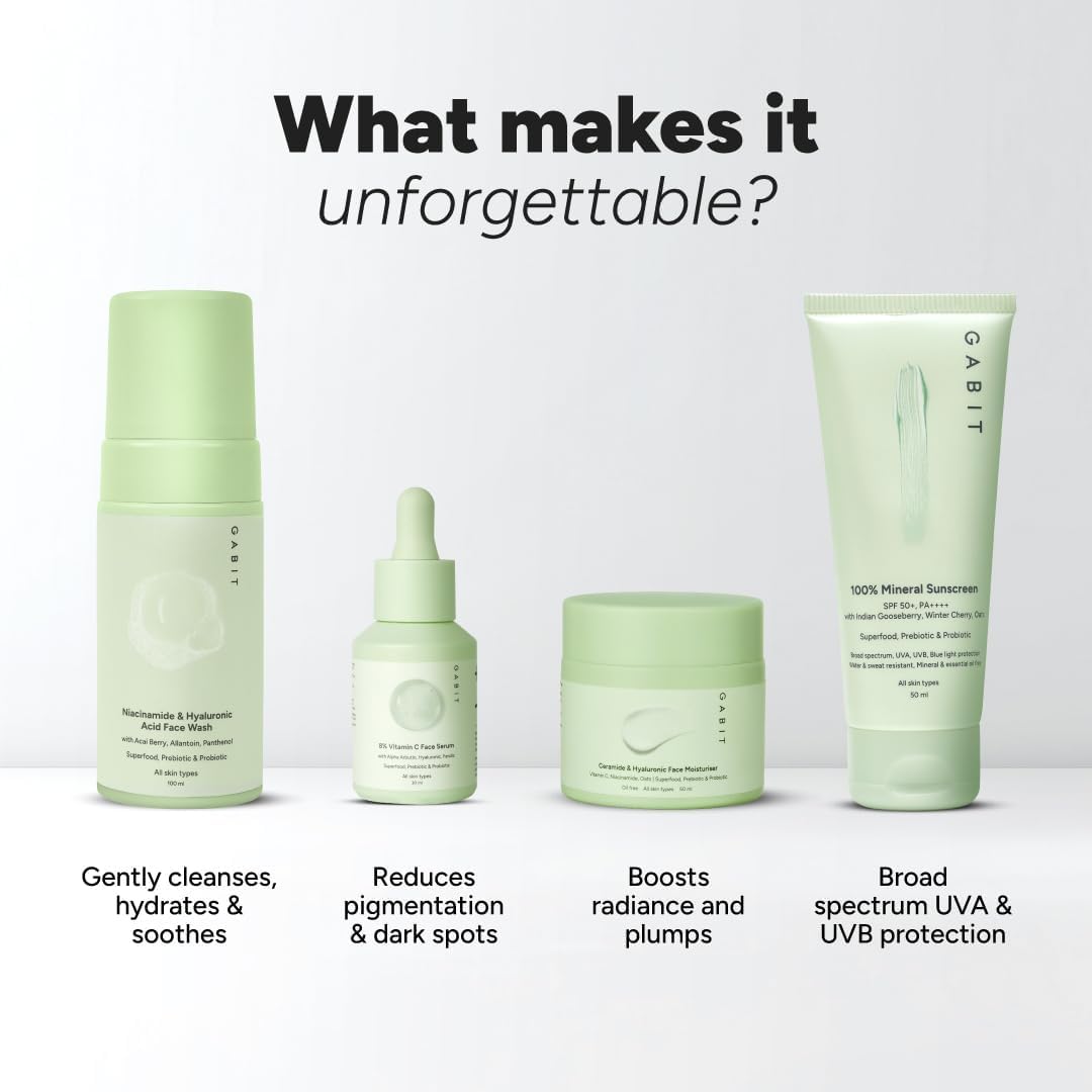 Abit Skincare Gamechangers Kit - Niacinamide & Hyaluronic Acid Face Wash, 8% Vitamin C & Arbutin Serum, Ceramide & Hyaluronic Moisturizer, 100% Mineral Sunscreen (230ml) - For Men & Women, All Skin Types - Daily Skincare Routine for Glowing Skin