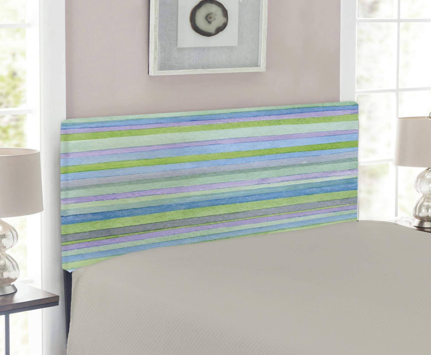 Ambesonne Blue Upholstered Headboard - Hand Drawn Watercolor Striped Pattern with Soft Colors, Decorative Metal Bed Headboard with Memory Foam, Twin Size in Blue Green Violet | Perfect for Modern Bedrooms, Guest Rooms & Dorm Decor