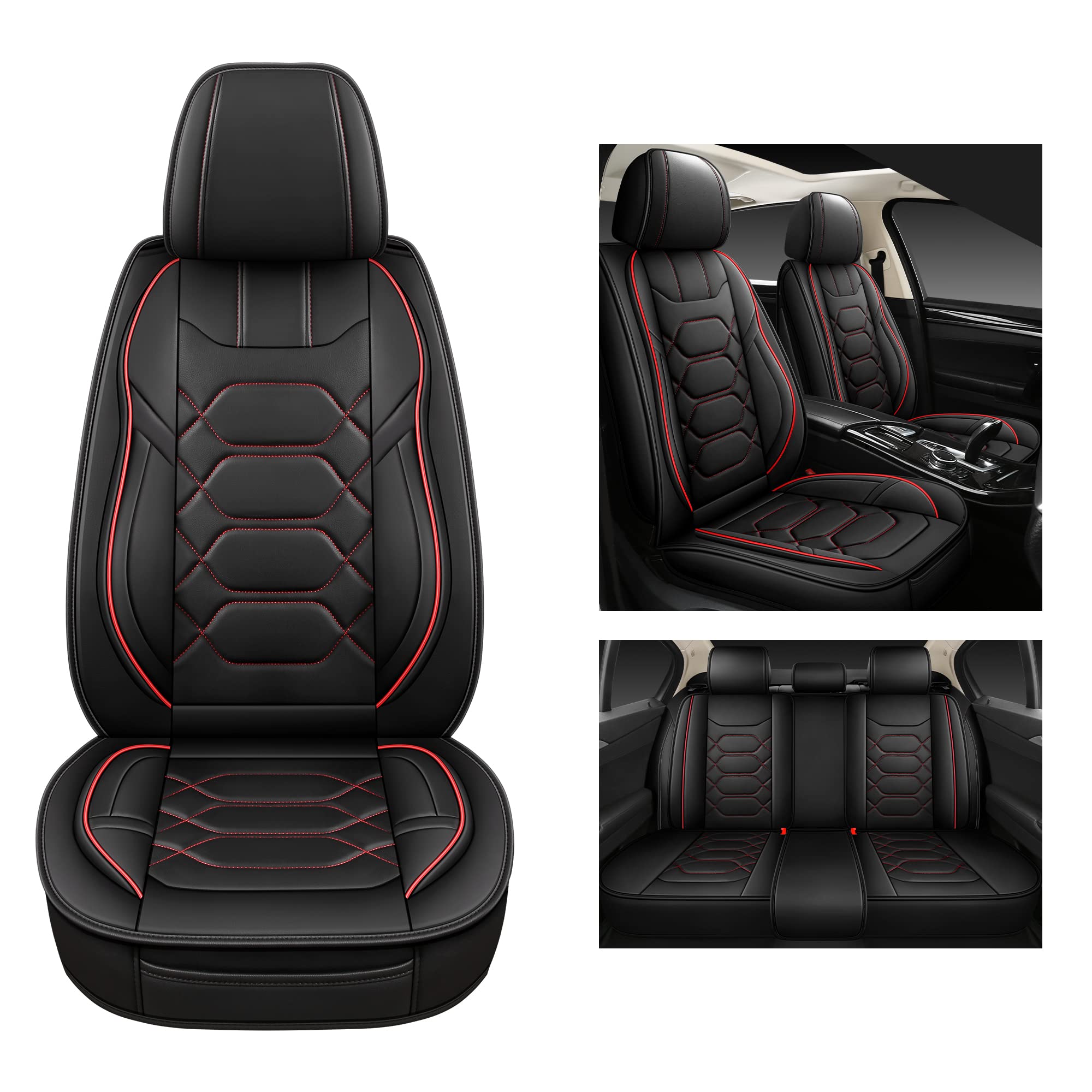 Premium Faux Leather Car Seat Covers Full Set - Waterproof, Non-Slip Universal Fit for Sedans, Trucks & SUVs (Black/Red) | Perfect for Daily Commute, Road Trips & Protecting Your Vehicle Interior