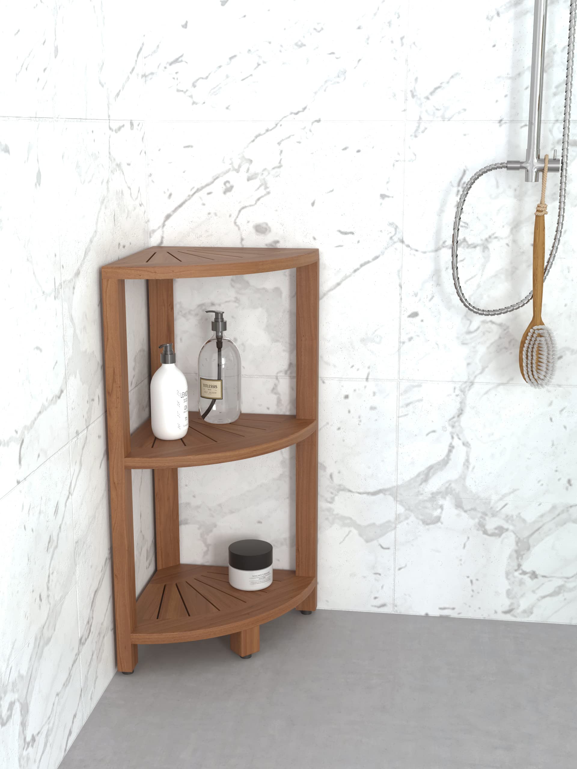 AquaTeak Kai™ Petite Teak Corner Shower Storage Stand - Waterproof Bathroom Organizer for Shampoo, Soap & Toiletries - Perfect for Small Spaces & Apartment Showers