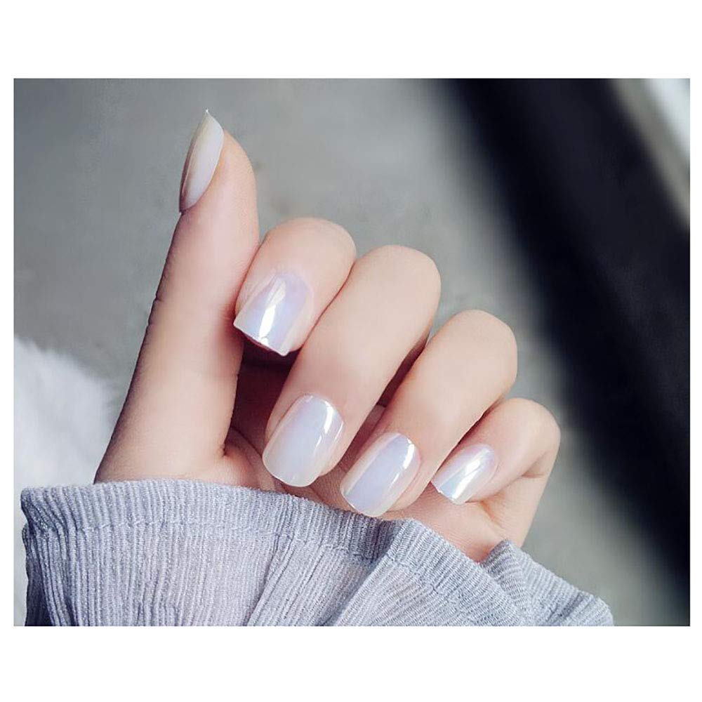 24 Pcs Square False Nails - Pearl Color Mirror Chrome Full Cover Fake Nails for Women, Acrylic Press on Nails with Glue, Perfect for Parties, Weddings & Special Occasions