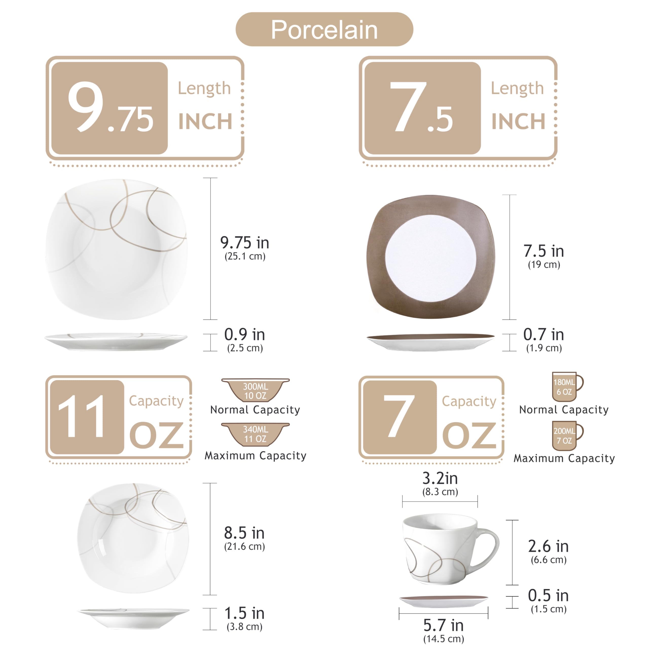 VEWEET Nikita 30-Piece Porcelain Dinnerware Set - White with Brown Lines - 6-Person Table Setting (Plates, Cups & Saucers) - Elegant Tableware for Dinner Parties, Family Meals & Restaurant Use