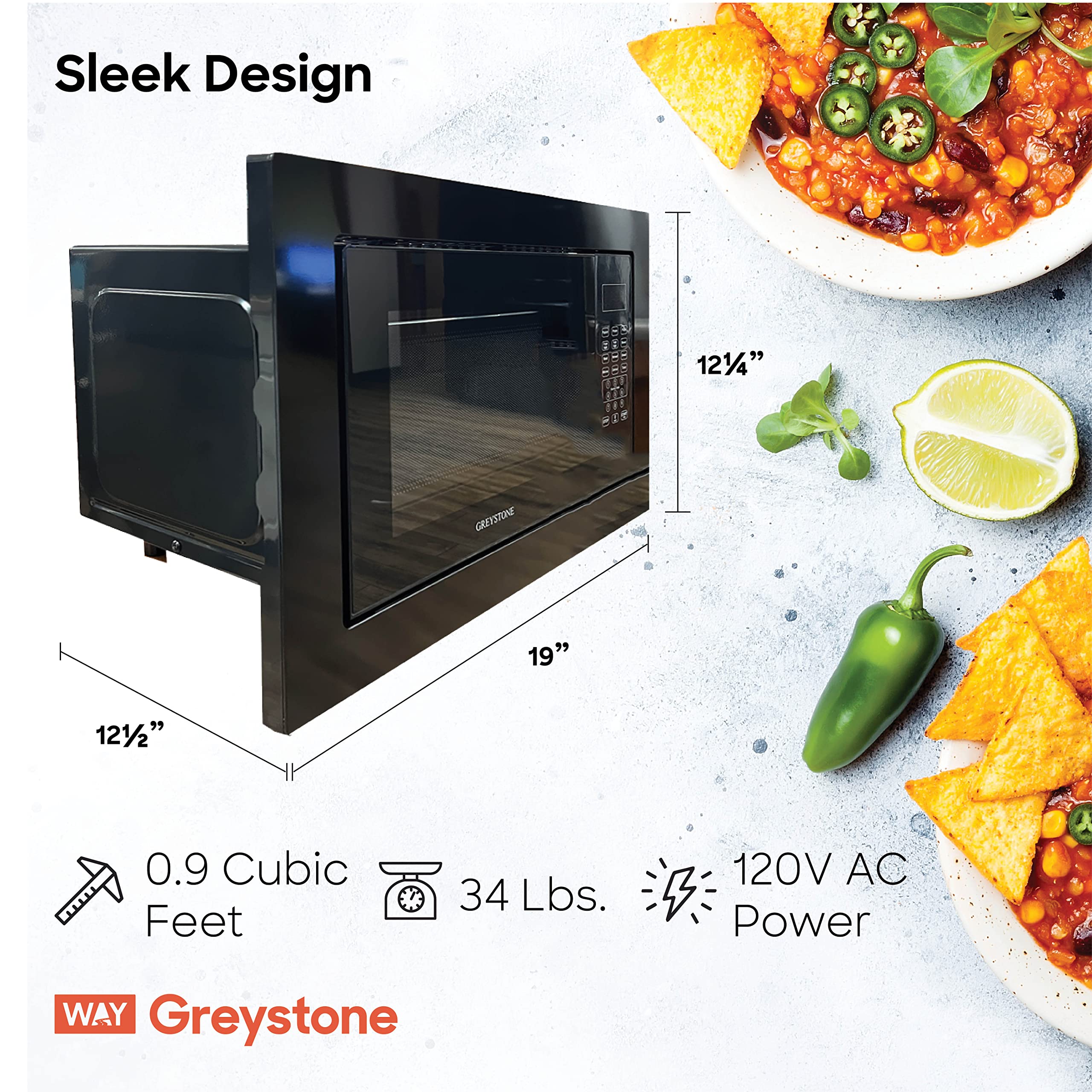 Greystone 0.9 Cu Ft Built-In Microwave Oven with Digital Touchpad & LED Display - Black Trim Kit Included - Perfect for Small Kitchens, Apartments, and RVs
