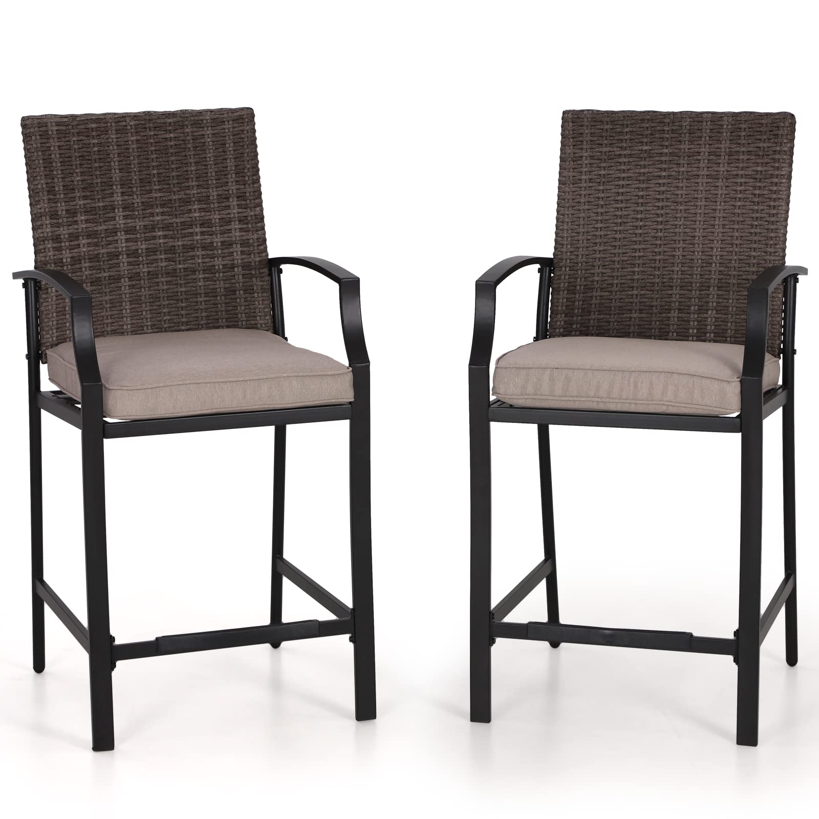 Sophia & William Outdoor Wicker Bar Stools Set of 2 with Cushion - Patio Rattan Bar Height Bistro Dining Chairs - All Weather Metal Bar Furniture with Armrest & Footrest - Perfect for Garden, Pool, Lawn & Backyard Dining