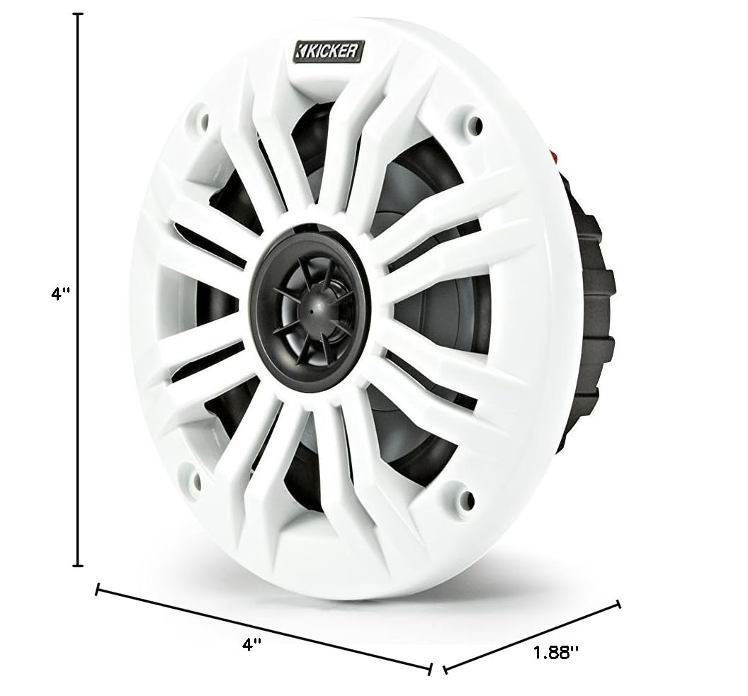 Kicker KM4 4-Inch (100mm) Marine Coaxial Speakers with 1/2-Inch (13mm) Tweeters, 2-Ohm, Charcoal & White Grilles - Waterproof Boat Audio System for Marine, RV, and Outdoor Use