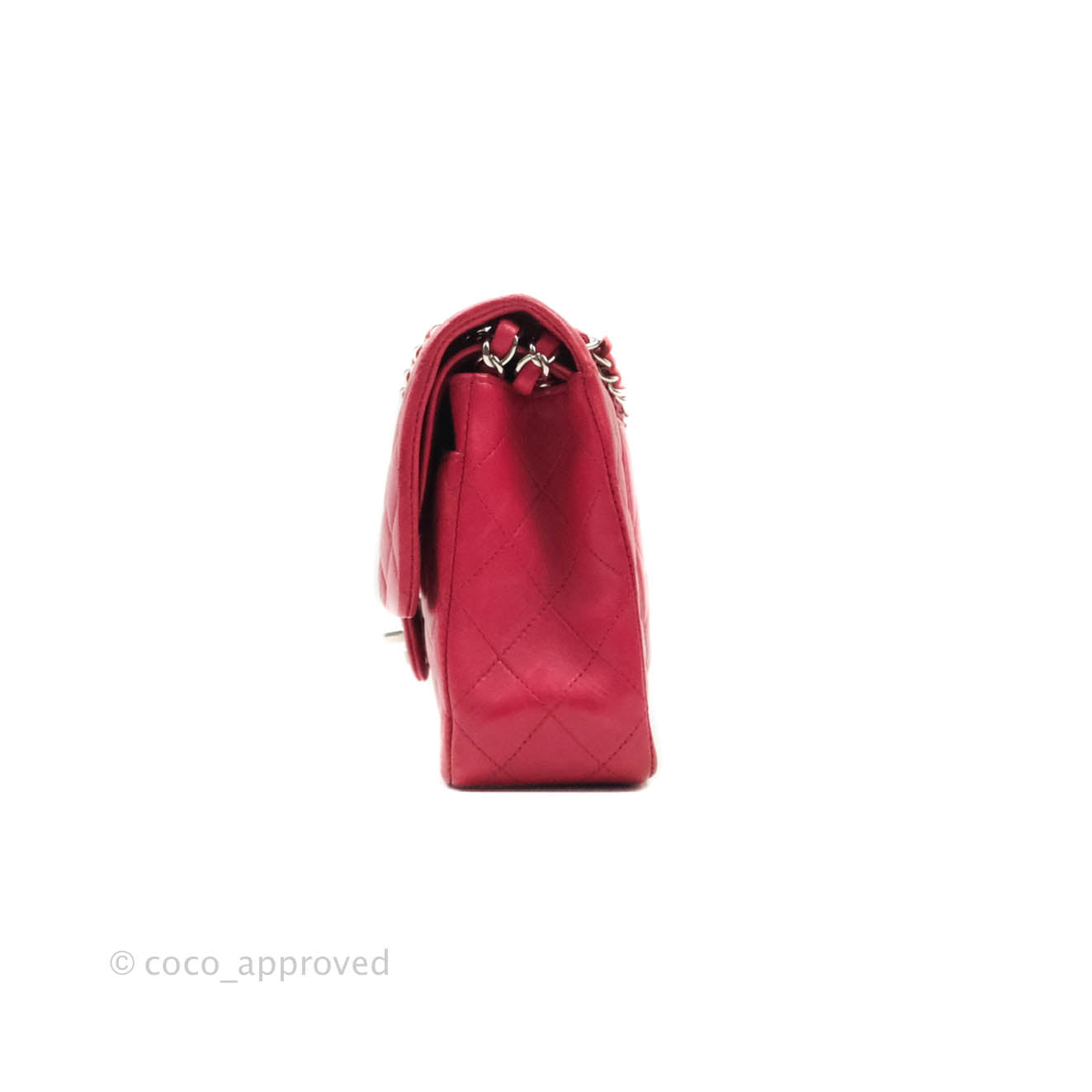 Chanel Classic Medium Double Flap Bag - Red Lambskin Leather with Silver Hardware | Luxury Handbag for Women, Perfect for Parties & Evening Events