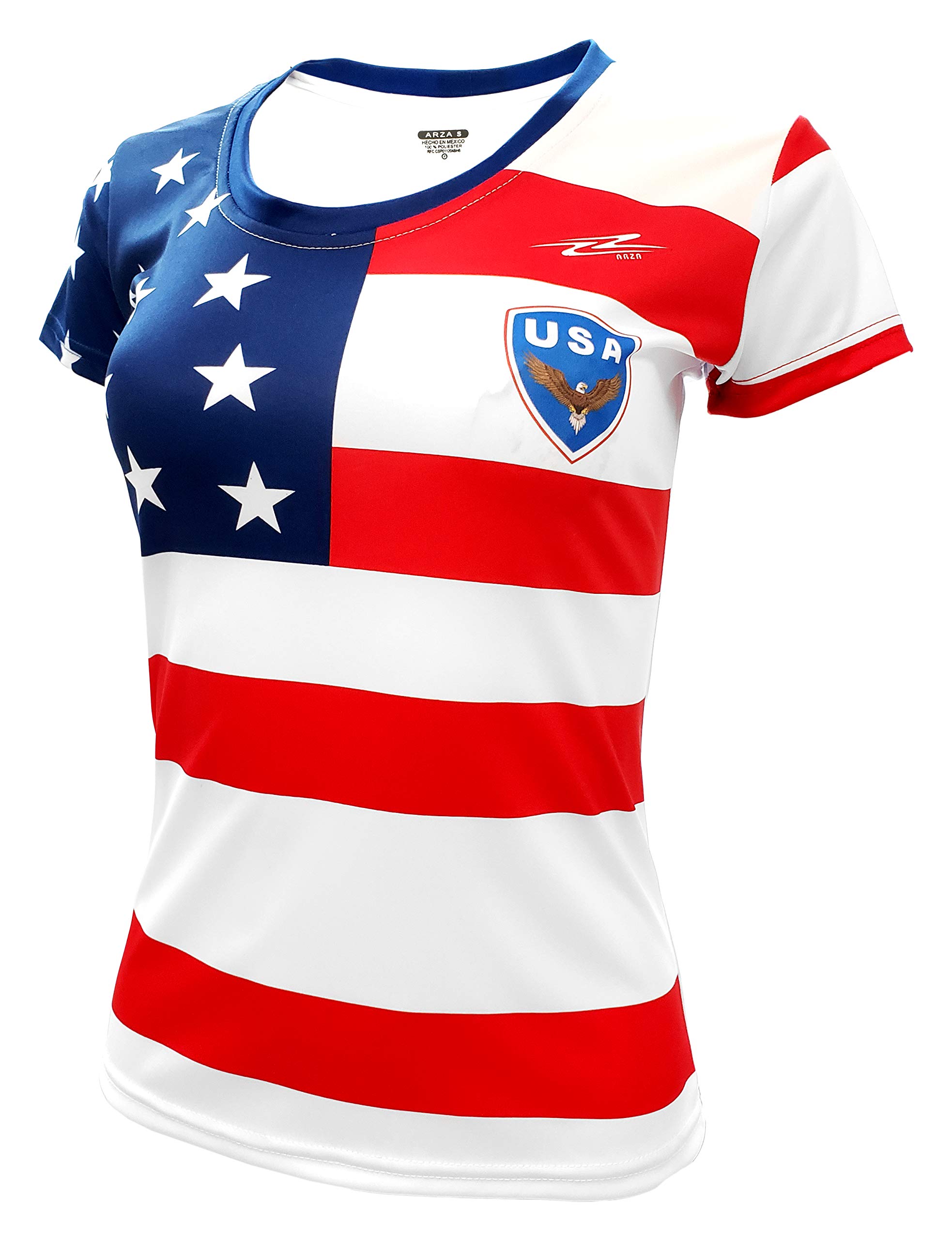 Women's USA Flag Jersey - Short Sleeve Athletic Fit T-Shirt for Running, Gym Workouts & Patriotic Events
