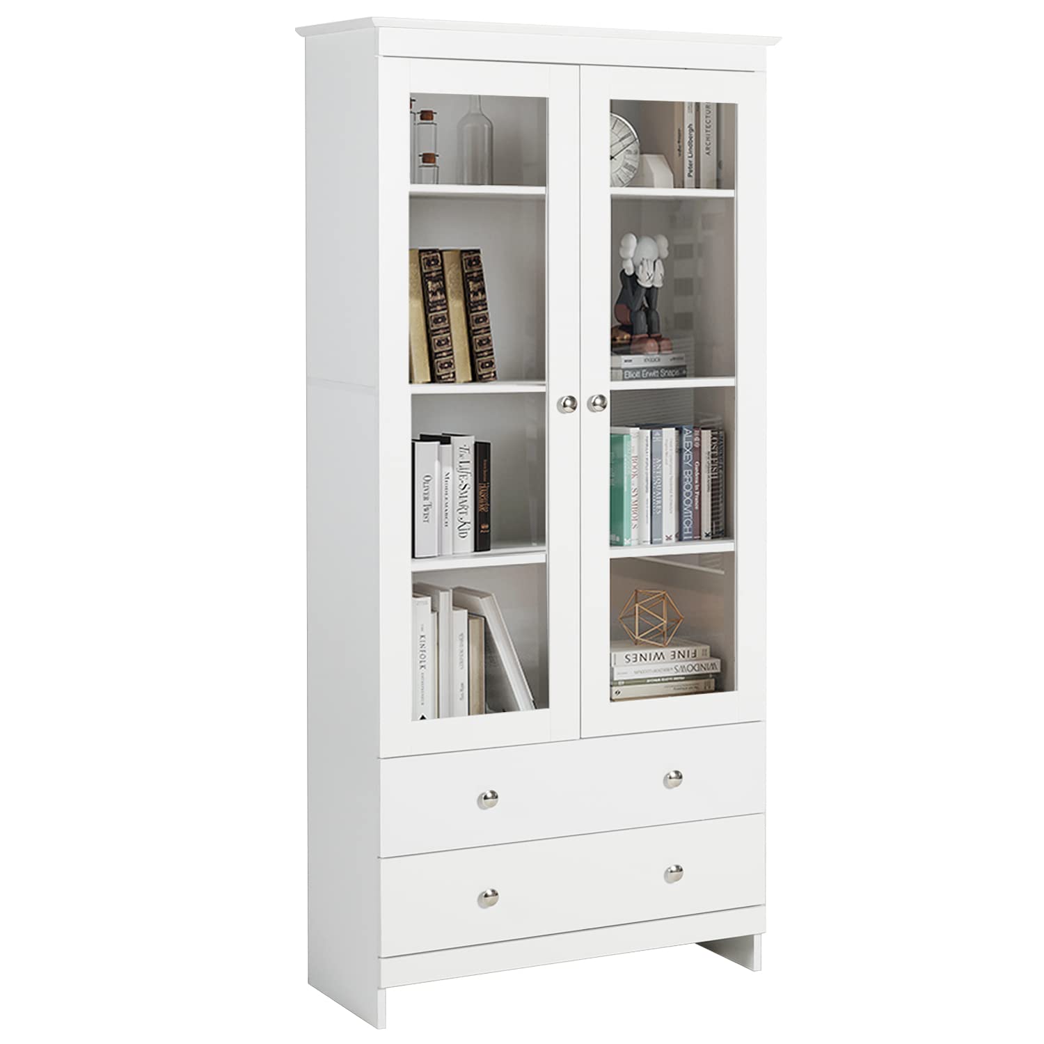 White Bookcase with Glass Doors - Tall Wooden Display Cabinet & Bookshelf Organizer for Home, Bedroom, Living Room, Office - Freestanding Curio Cabinet & Kitchen Pantry Storage - Perfect for Showcasing Collectibles, Storing Books & Organizing Home Decor