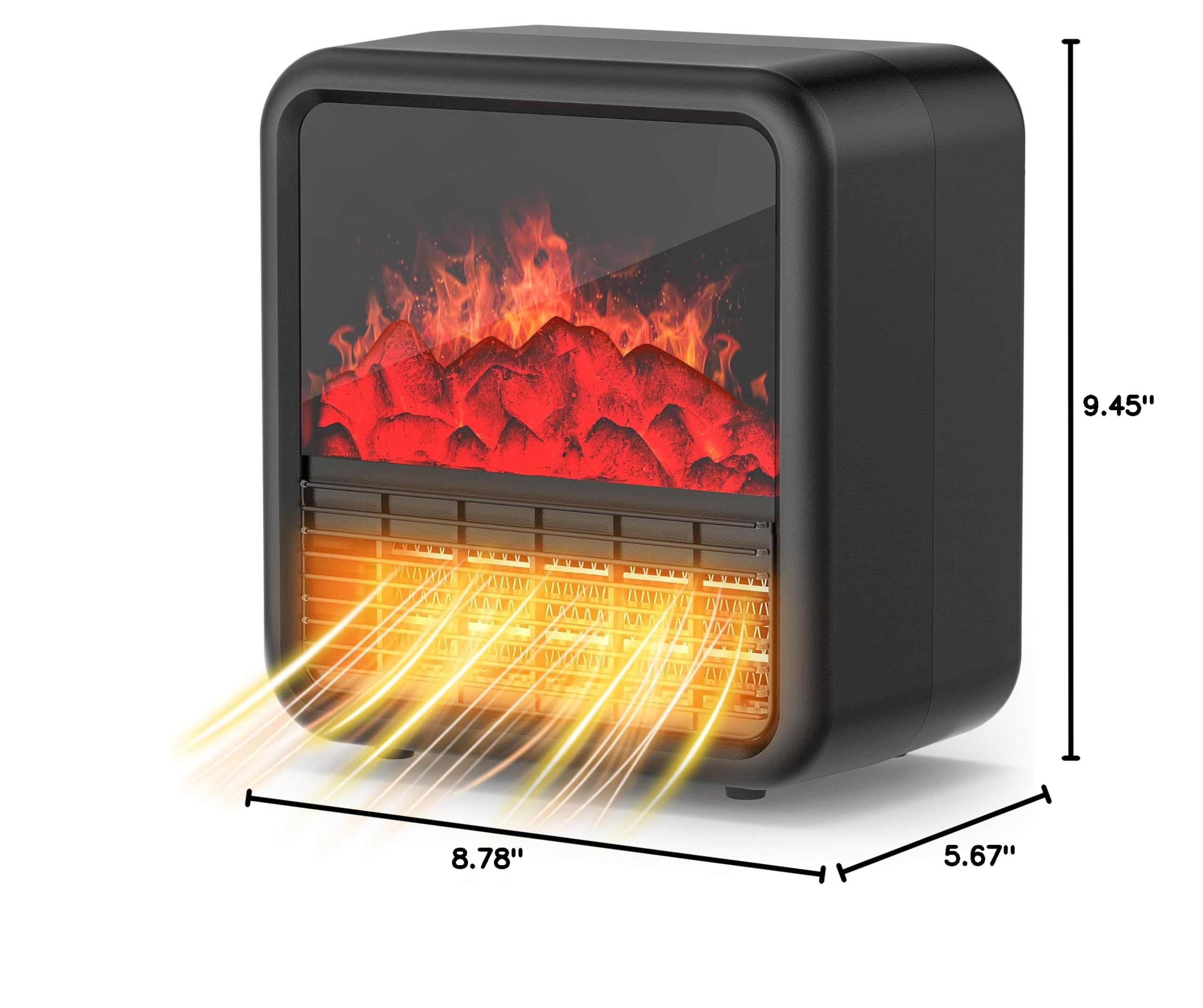 Small Portable Space Heater with Realistic 3D Flame - 1500W/750W PTC Ceramic Heater, Thermostat & Tip-Over Protection - Mini Electric Fireplace for Bedroom, Office & Indoor Use - Black