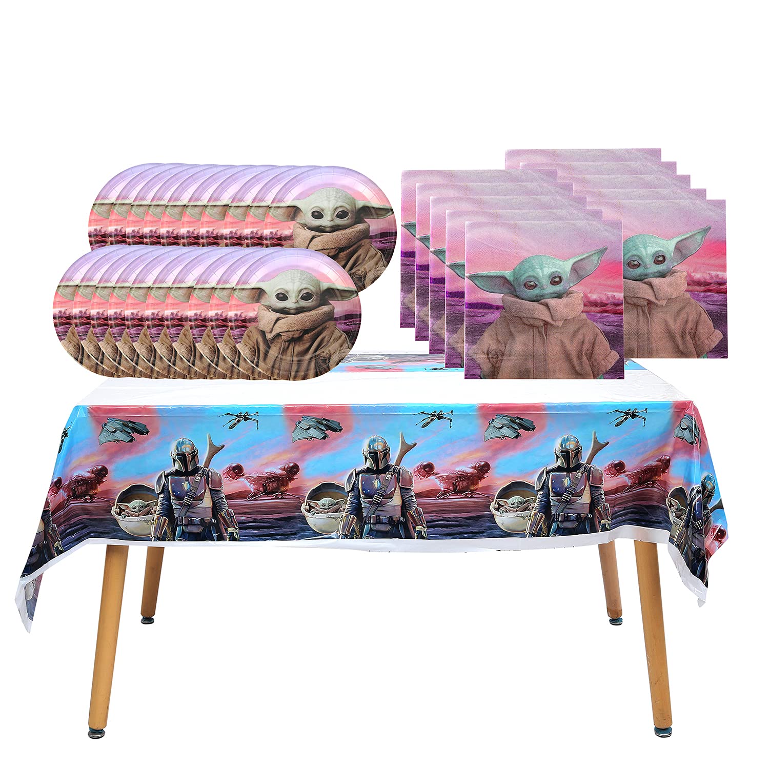 NB3 41-Piece Baby Yoda Themed Party Decorations Set - Includes 1 Table Cover, 20 Napkins & 20 7-Inch Plates - Perfect for Baby Showers, Birthday Parties & Star Wars Theme Celebrations